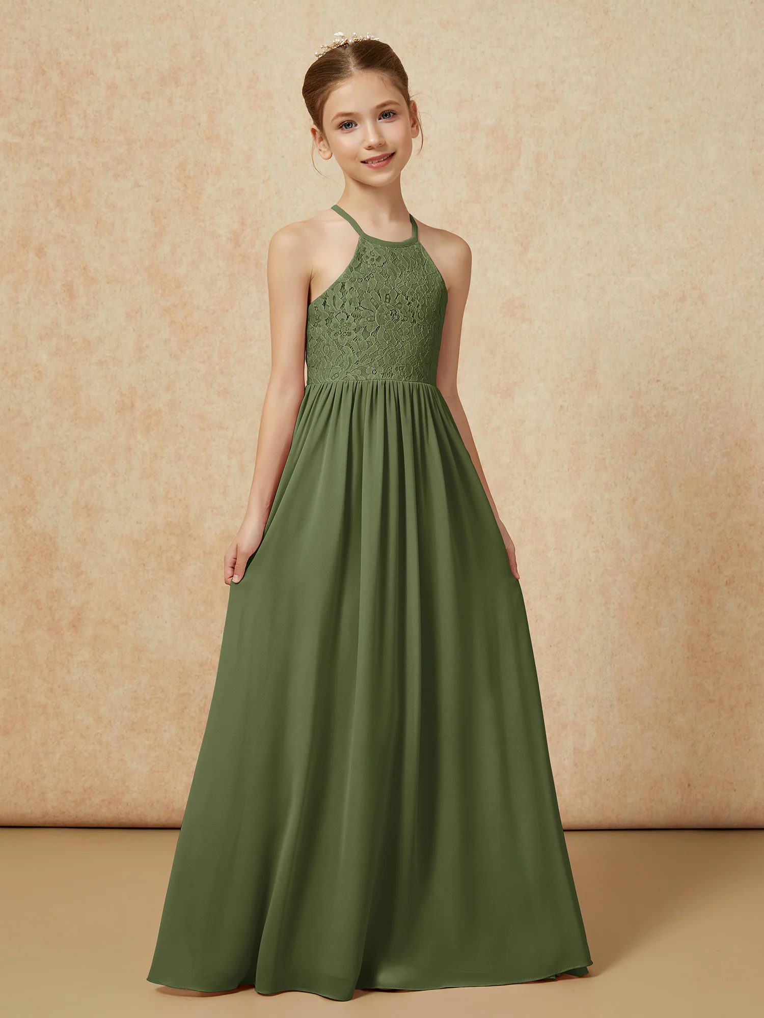 Pleated Lace Chiffion Long Junior Bridesmaid Dress Olive Green - Image 5