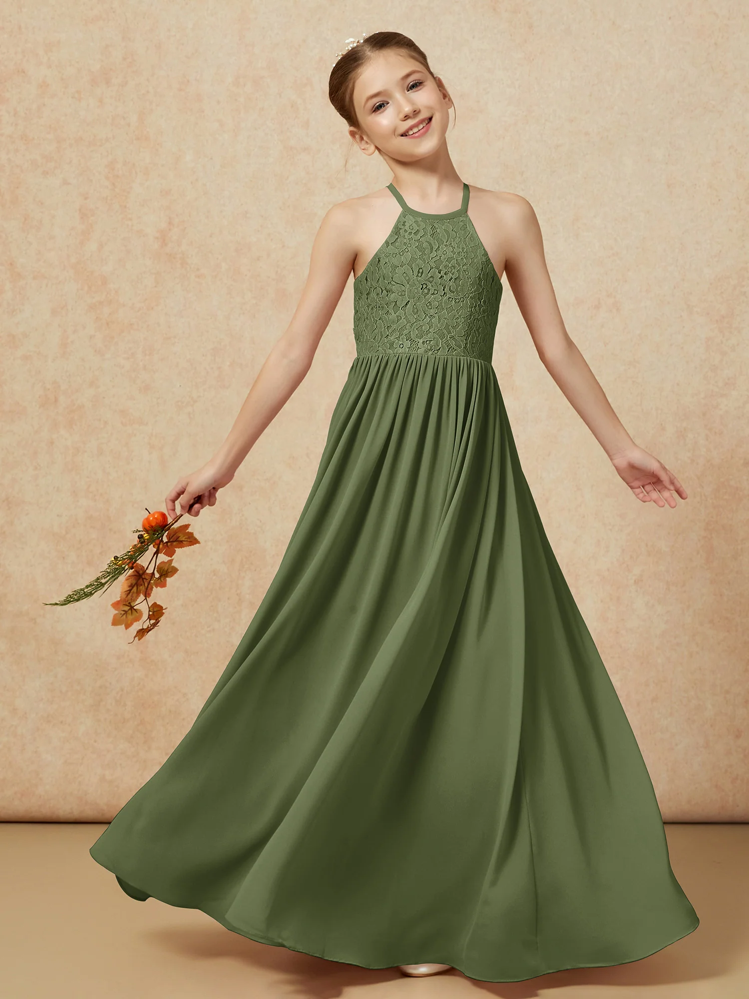 Pleated Lace Chiffion Long Junior Bridesmaid Dress Olive Green - Image 7