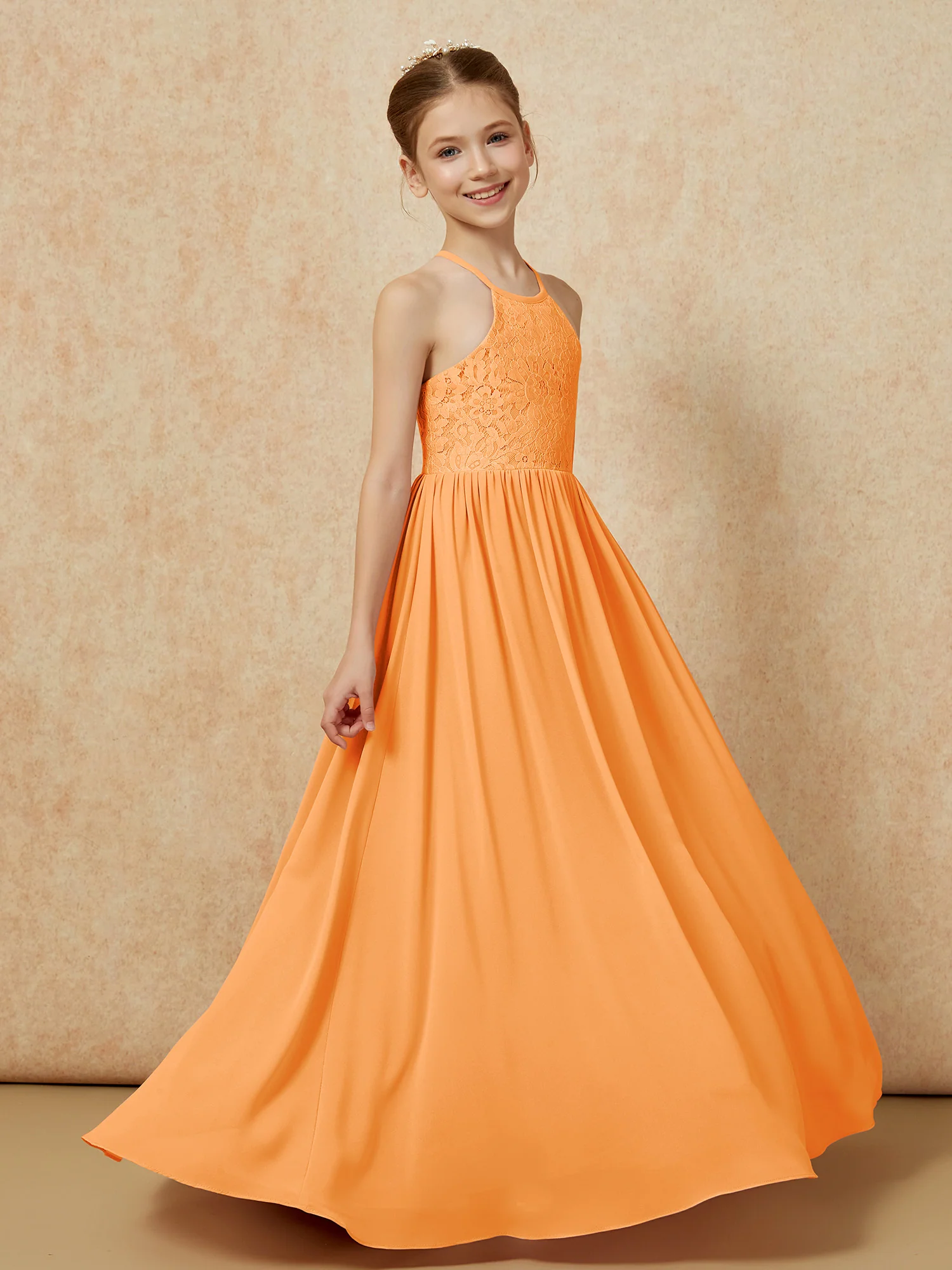 Pleated Lace Chiffion Long Junior Bridesmaid Dress Orange - Image 3