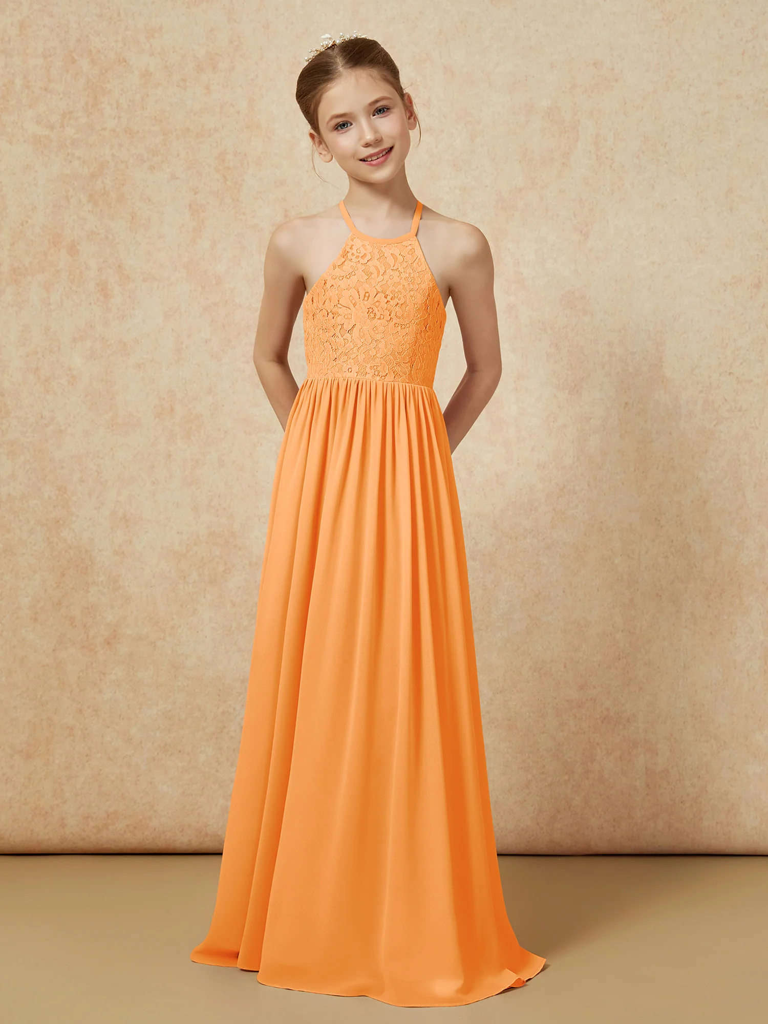Pleated Lace Chiffion Long Junior Bridesmaid Dress Orange - Image 4