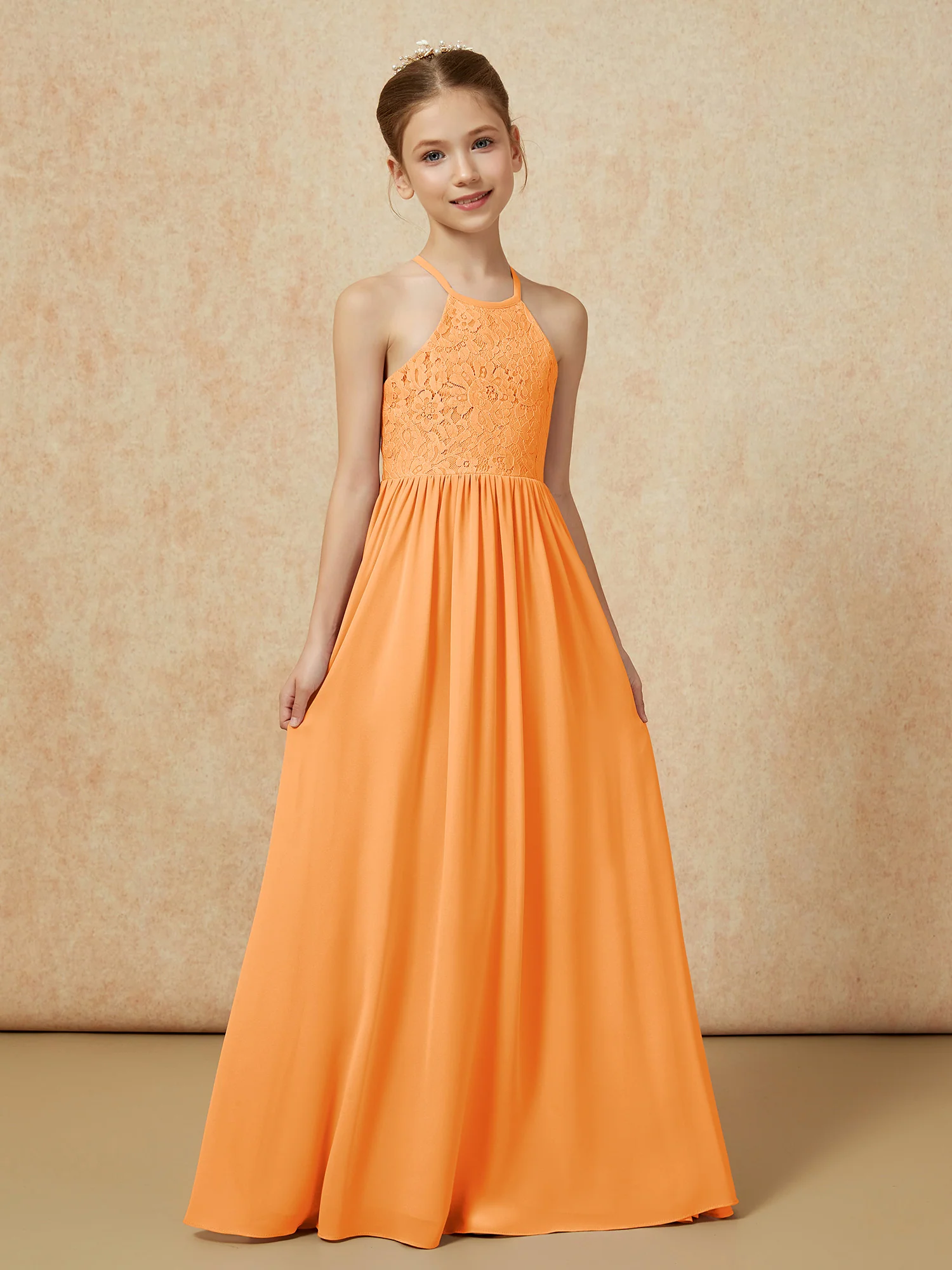 Pleated Lace Chiffion Long Junior Bridesmaid Dress Orange - Image 5