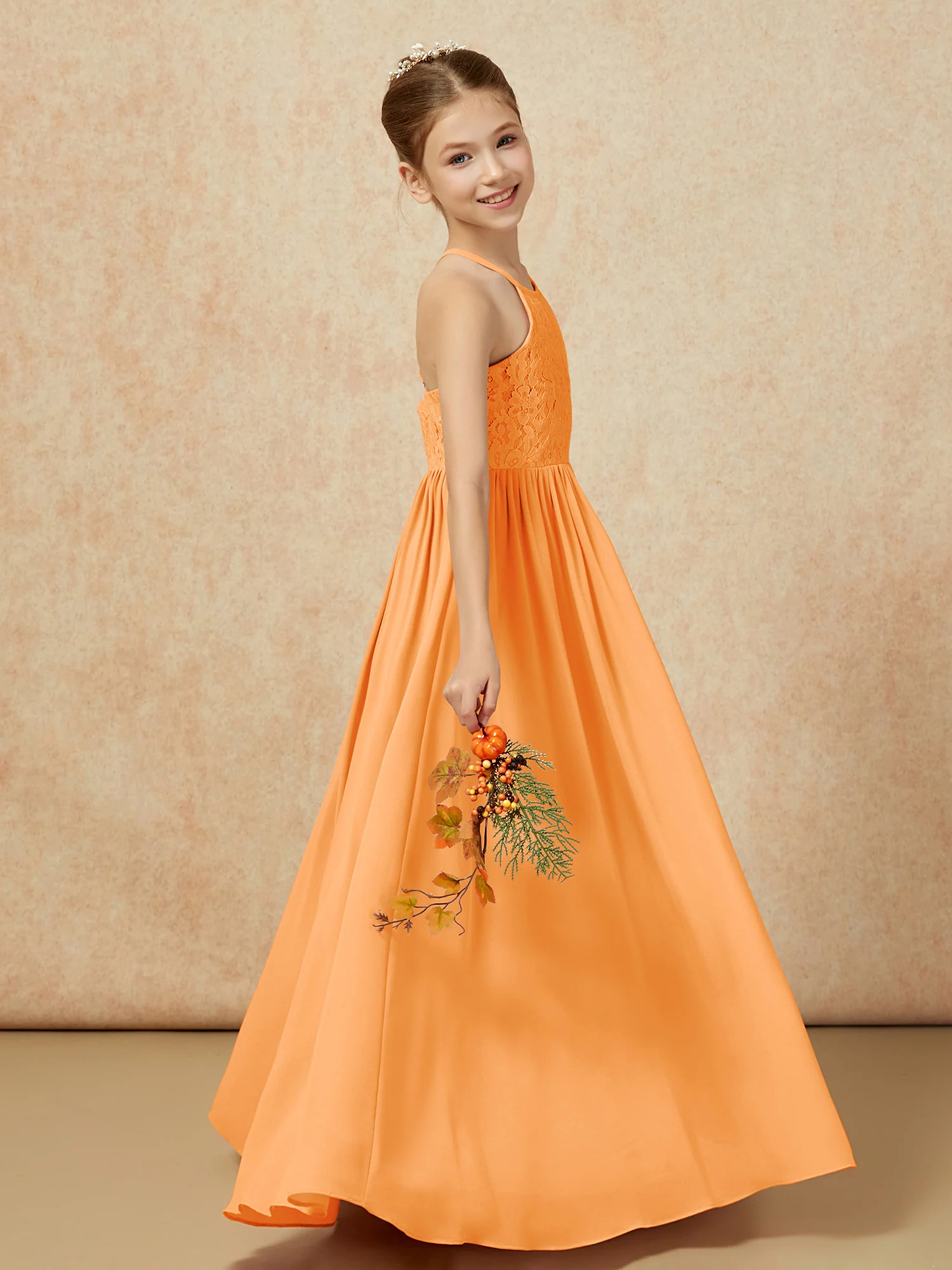 Pleated Lace Chiffion Long Junior Bridesmaid Dress Orange - Image 6