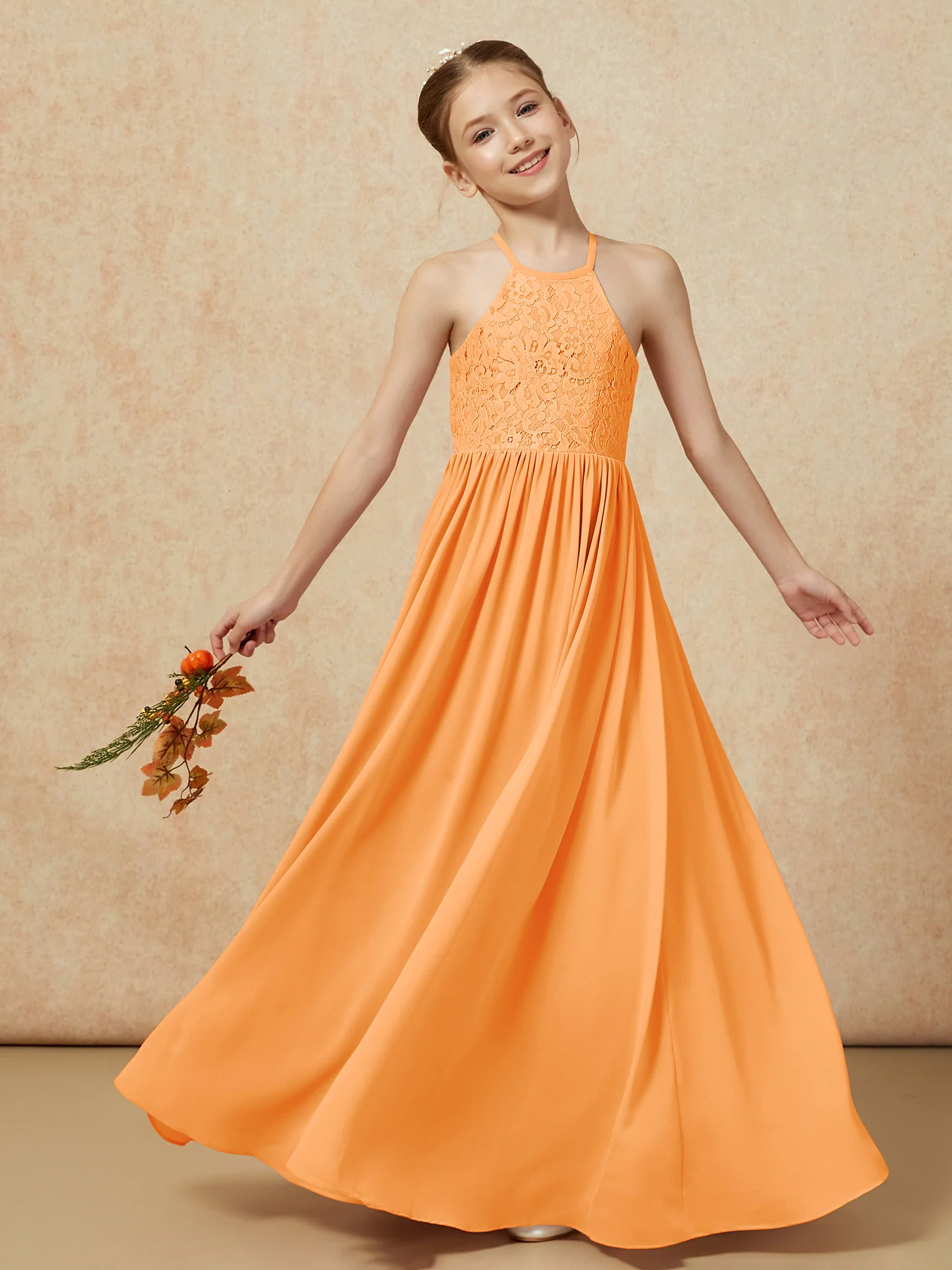 Pleated Lace Chiffion Long Junior Bridesmaid Dress Orange - Image 7