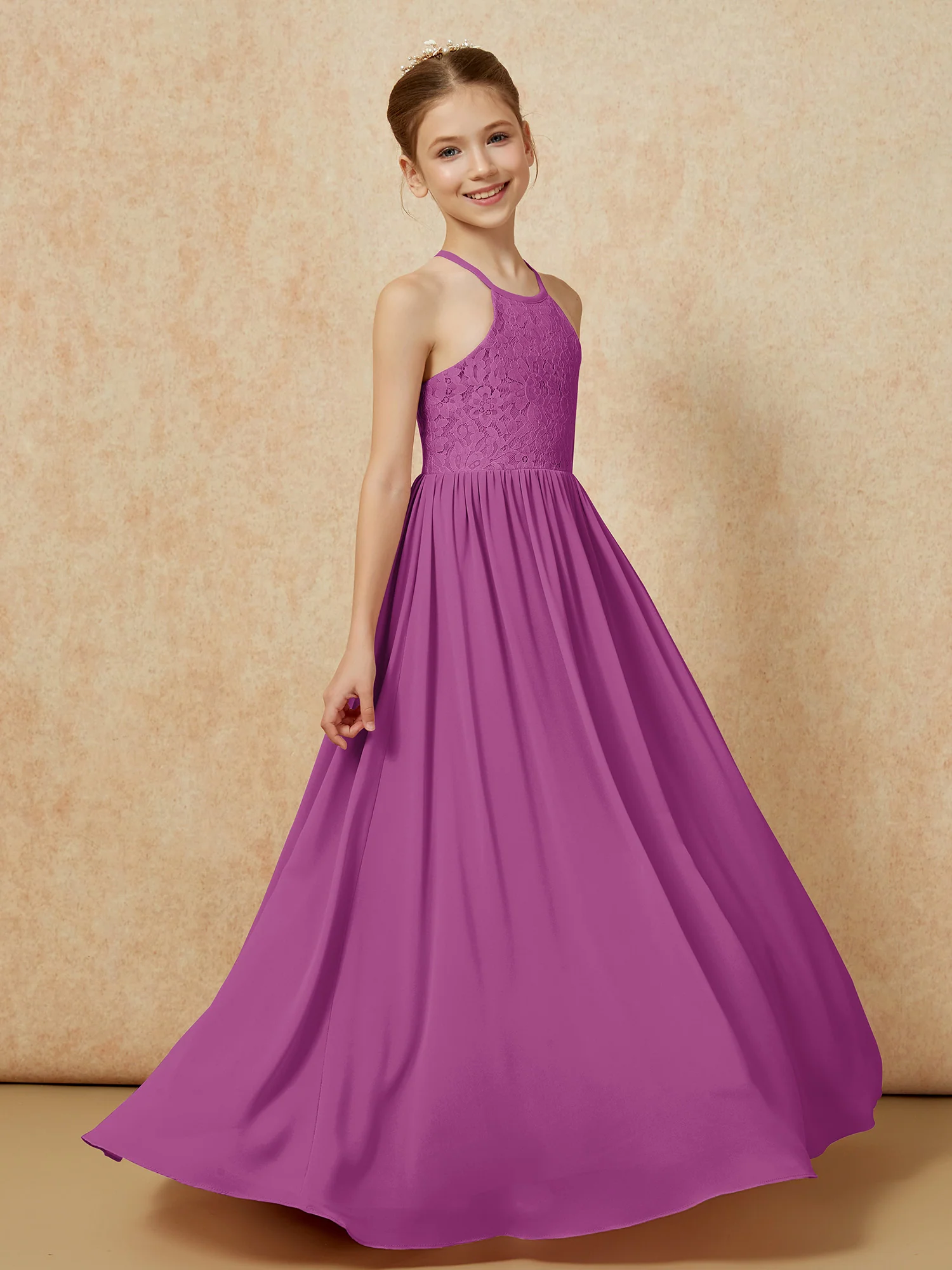 Pleated Lace Chiffion Long Junior Bridesmaid Dress Orchid - Image 3