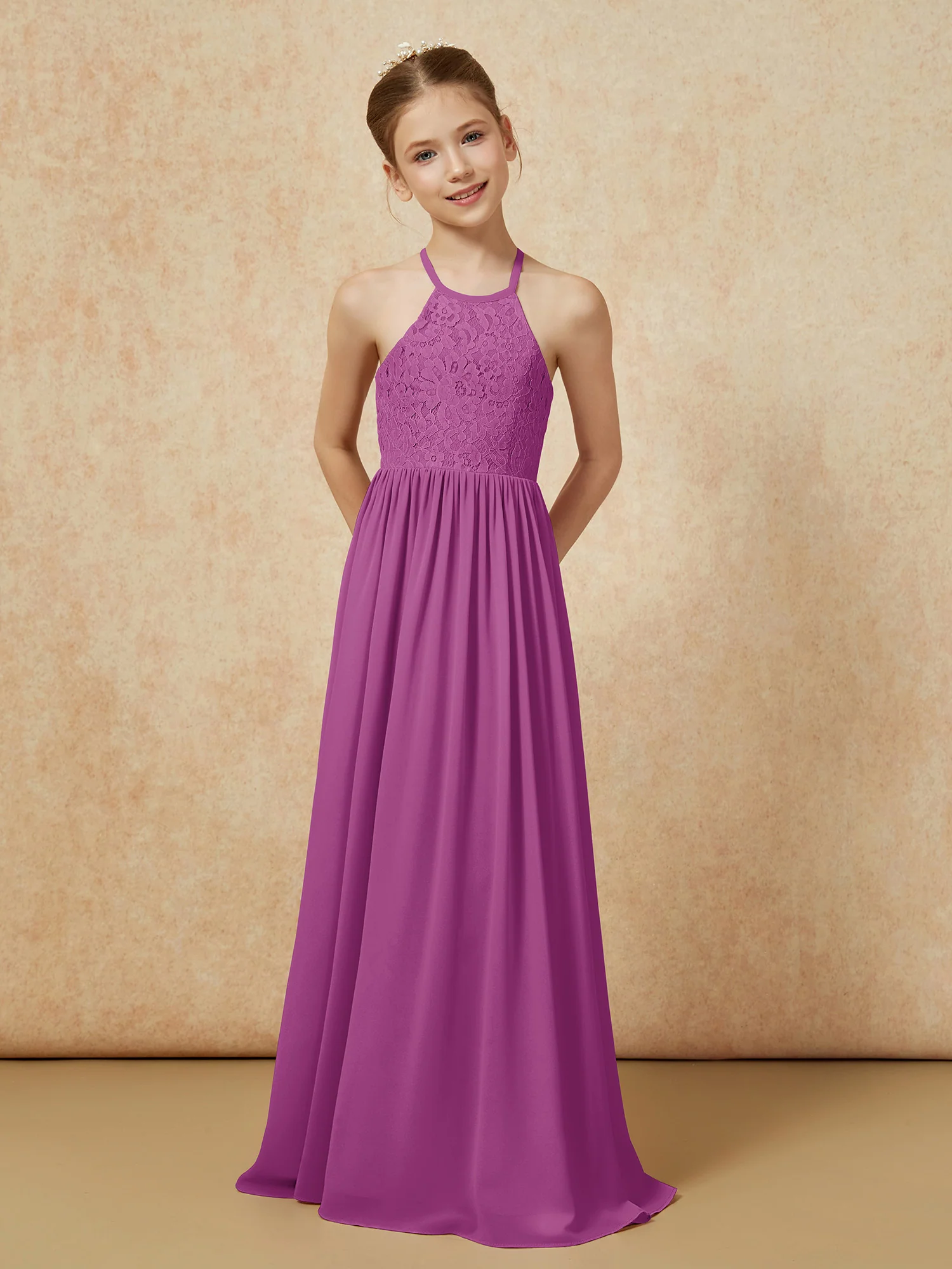 Pleated Lace Chiffion Long Junior Bridesmaid Dress Orchid - Image 4