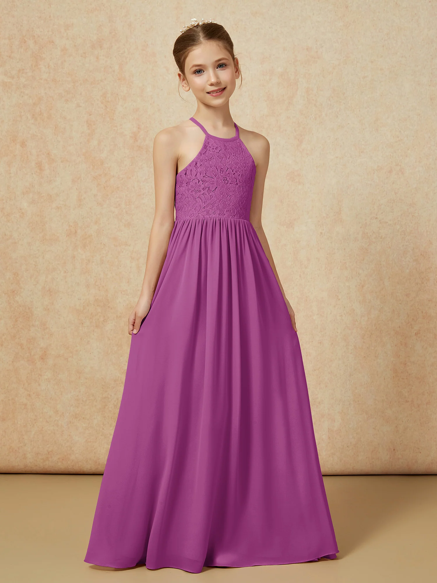 Pleated Lace Chiffion Long Junior Bridesmaid Dress Orchid - Image 5