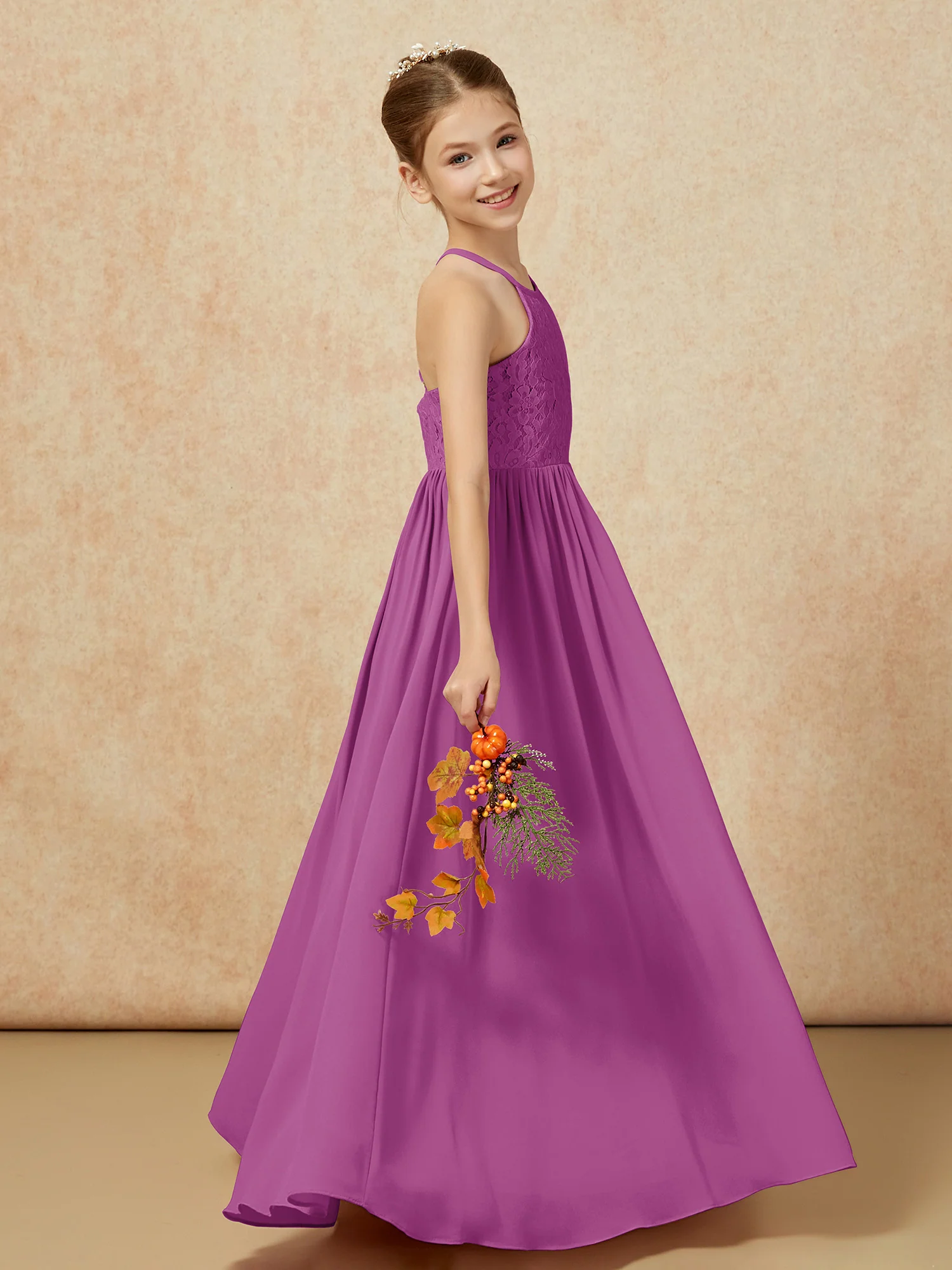 Pleated Lace Chiffion Long Junior Bridesmaid Dress Orchid - Image 6