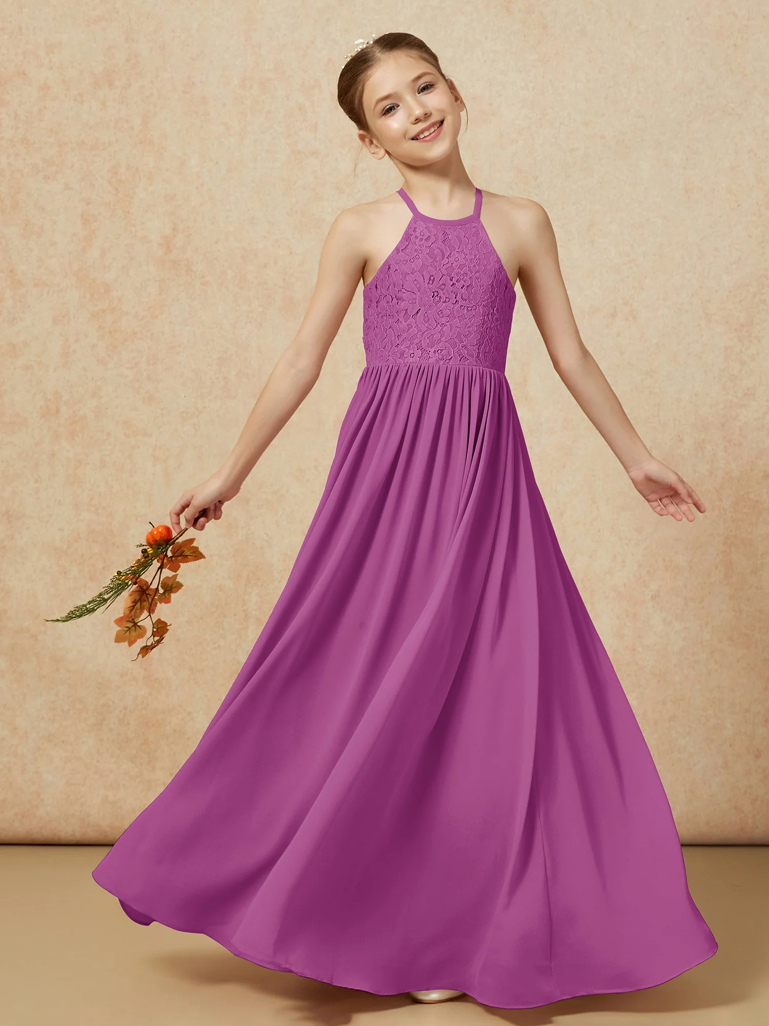 Pleated Lace Chiffion Long Junior Bridesmaid Dress Orchid - Image 7