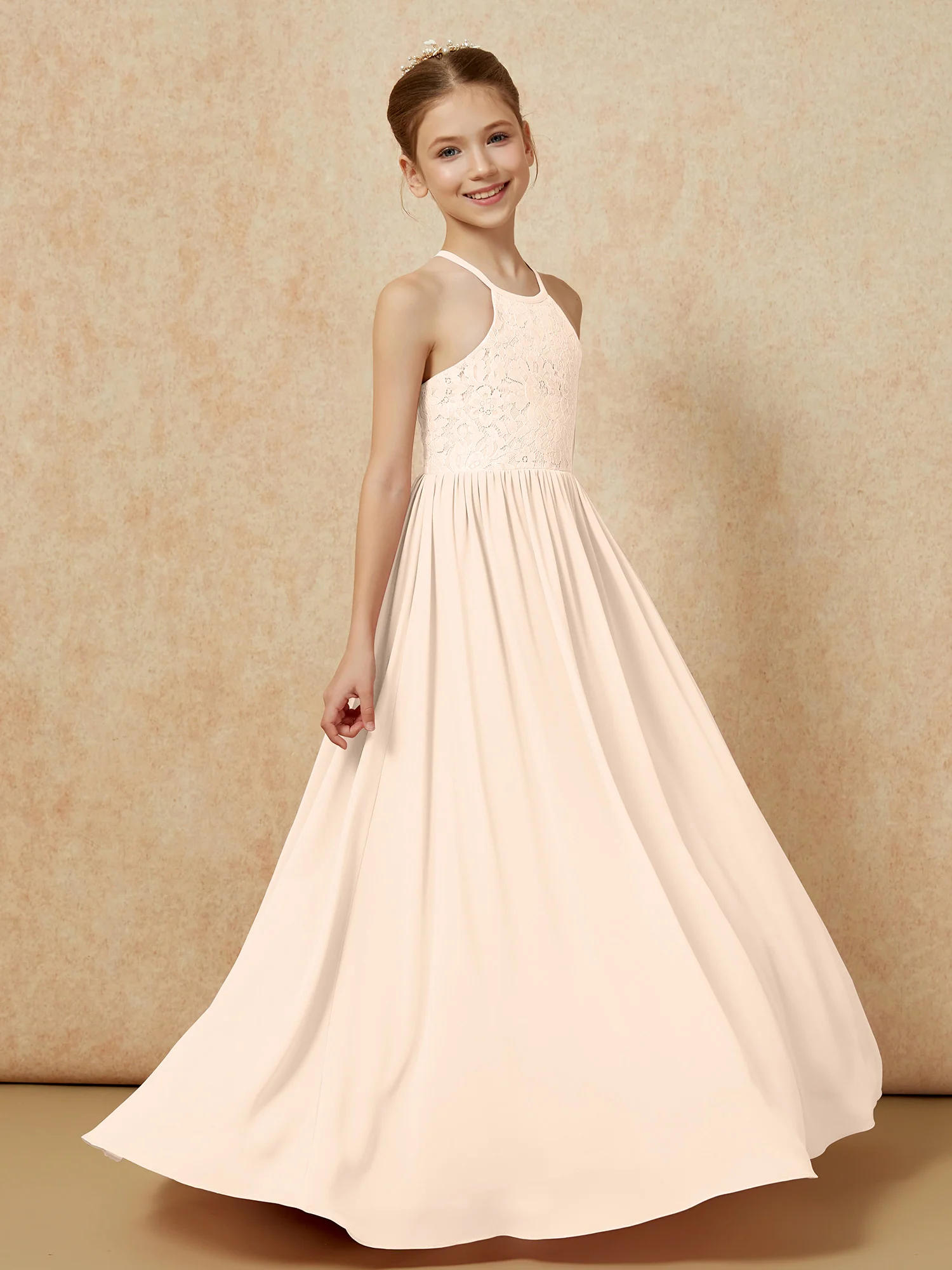 Pleated Lace Chiffion Long Junior Bridesmaid Dress Peach - Image 3