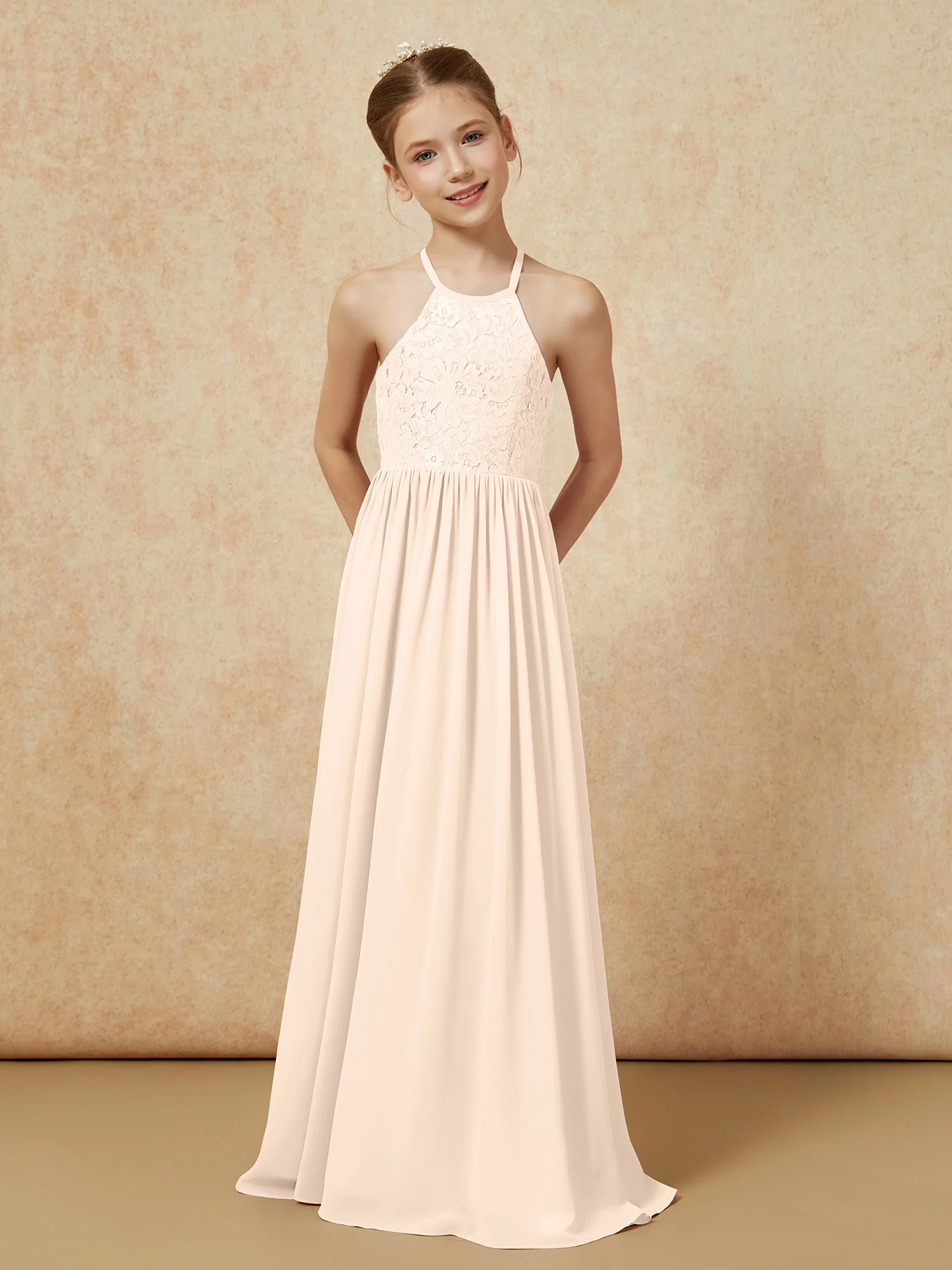 Pleated Lace Chiffion Long Junior Bridesmaid Dress Peach - Image 4