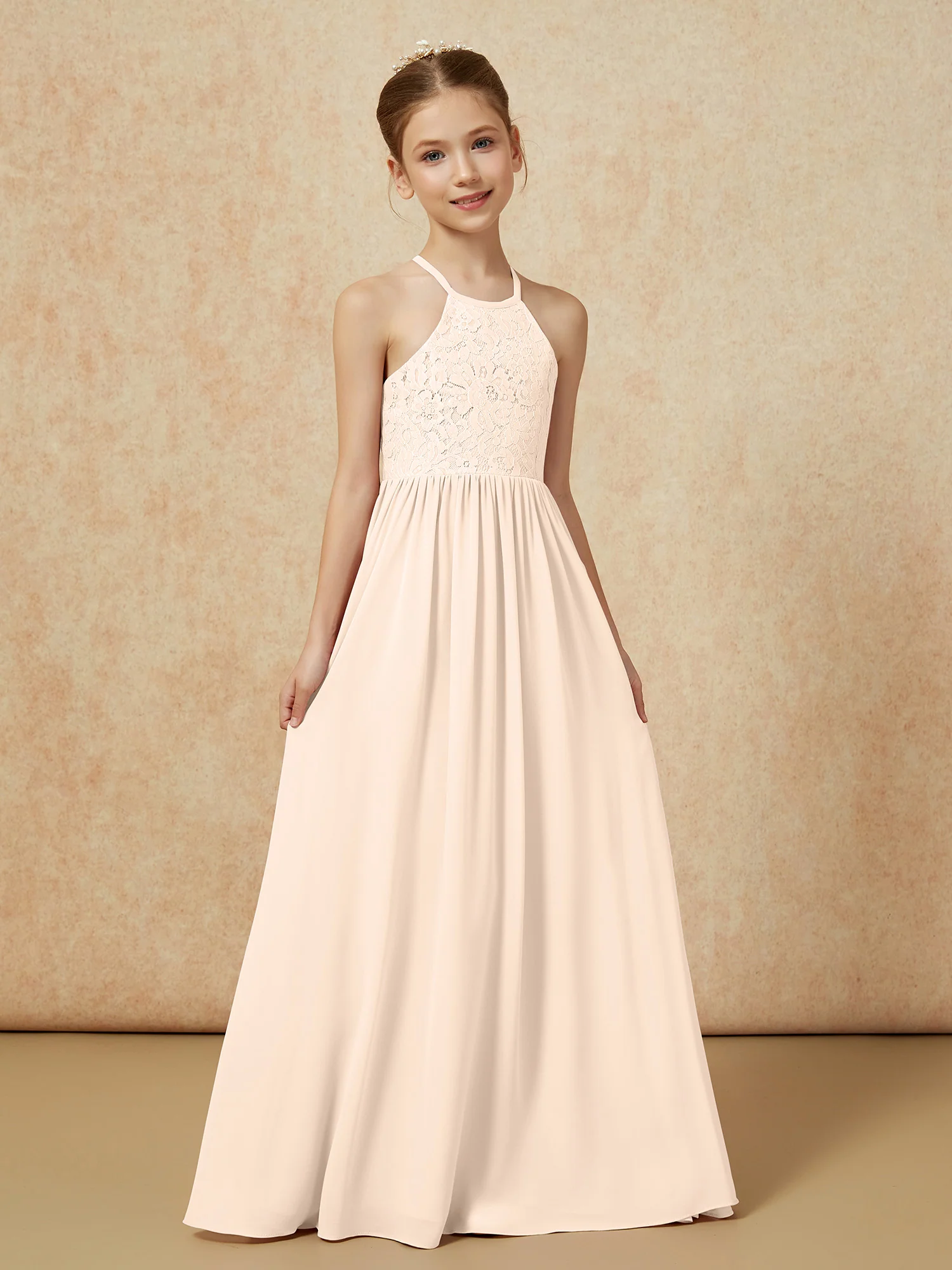 Pleated Lace Chiffion Long Junior Bridesmaid Dress Peach - Image 5