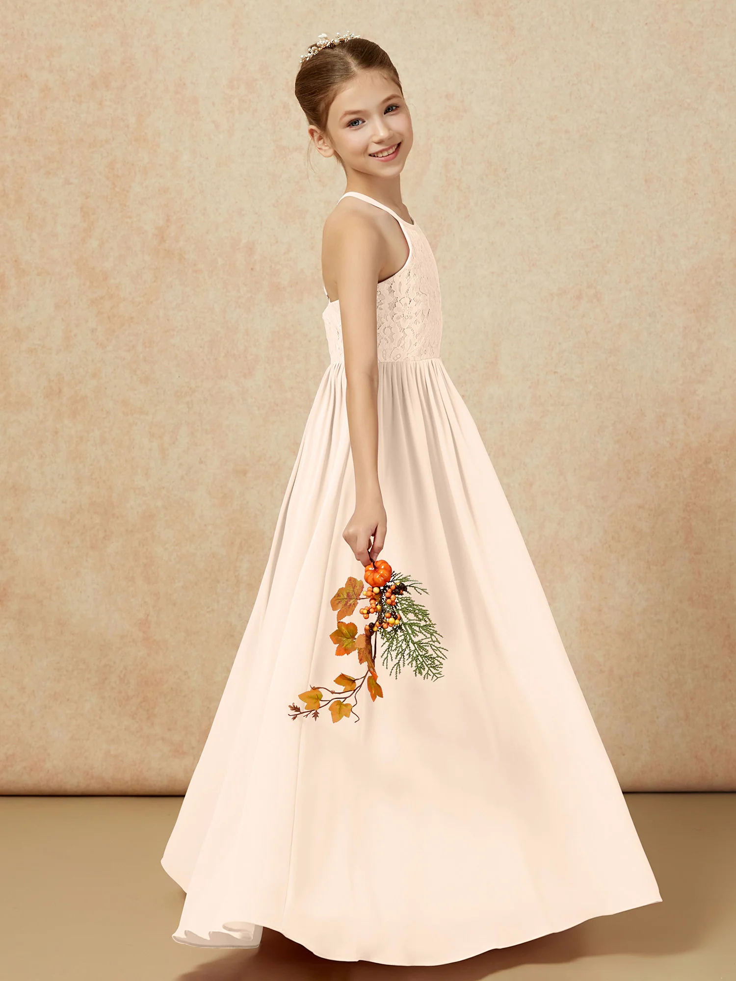 Pleated Lace Chiffion Long Junior Bridesmaid Dress Peach - Image 6