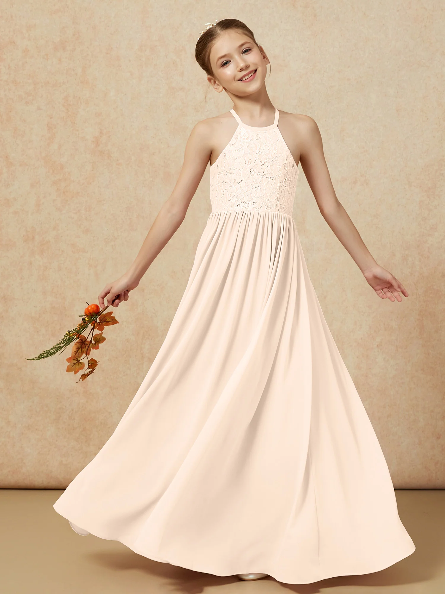 Pleated Lace Chiffion Long Junior Bridesmaid Dress Peach - Image 7