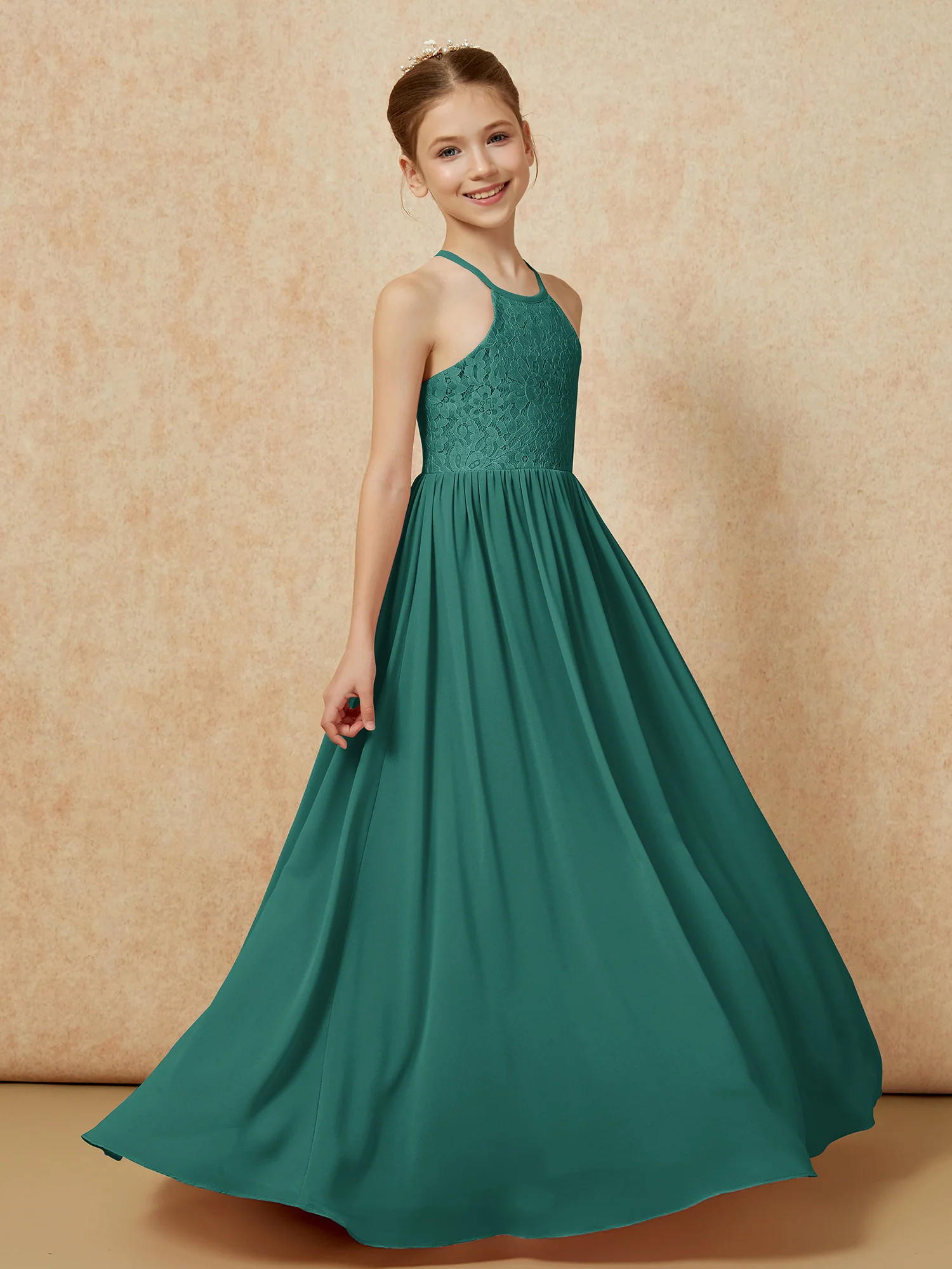 Pleated Lace Chiffion Long Junior Bridesmaid Dress Peacock - Image 3