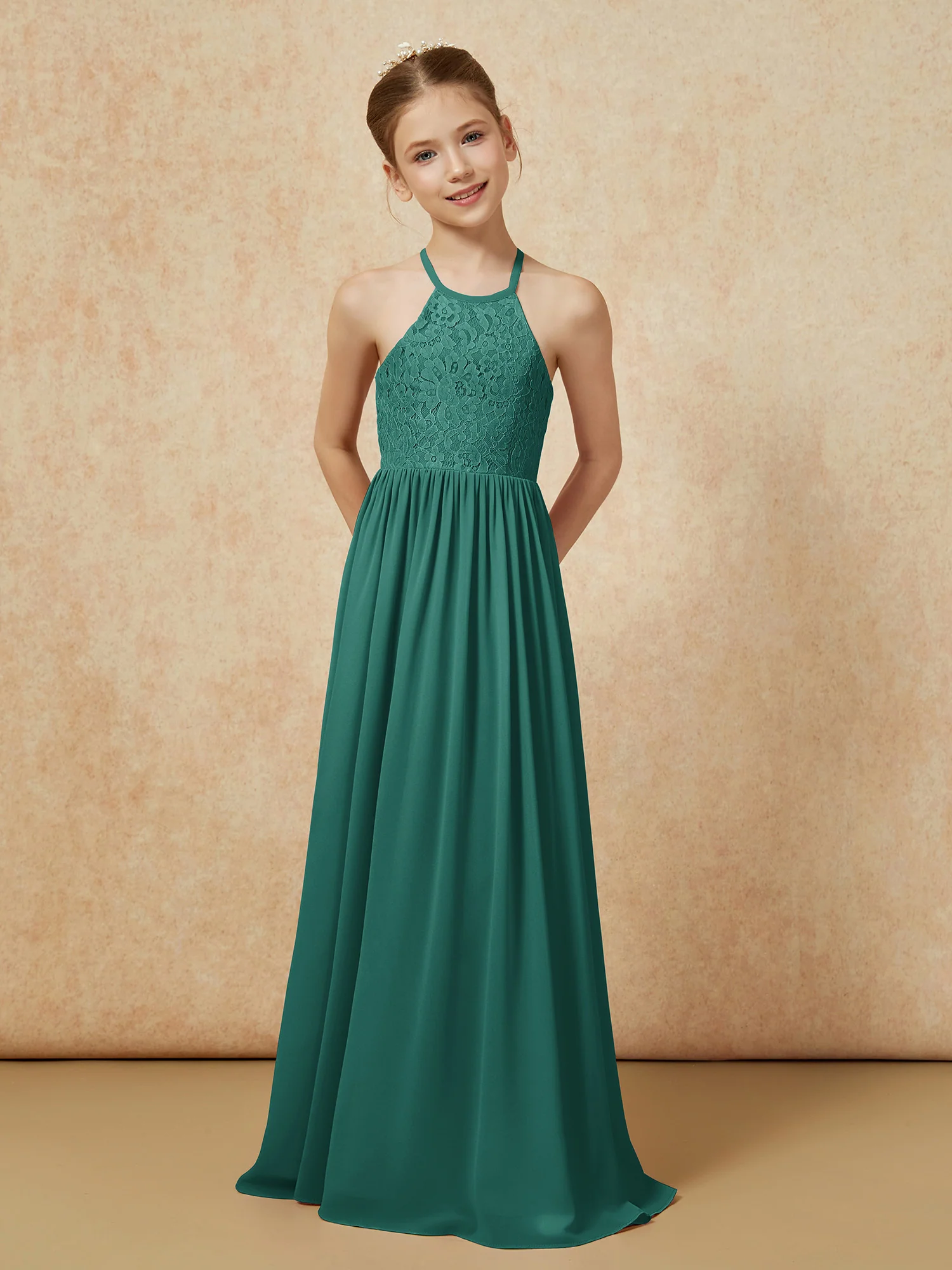Pleated Lace Chiffion Long Junior Bridesmaid Dress Peacock - Image 4