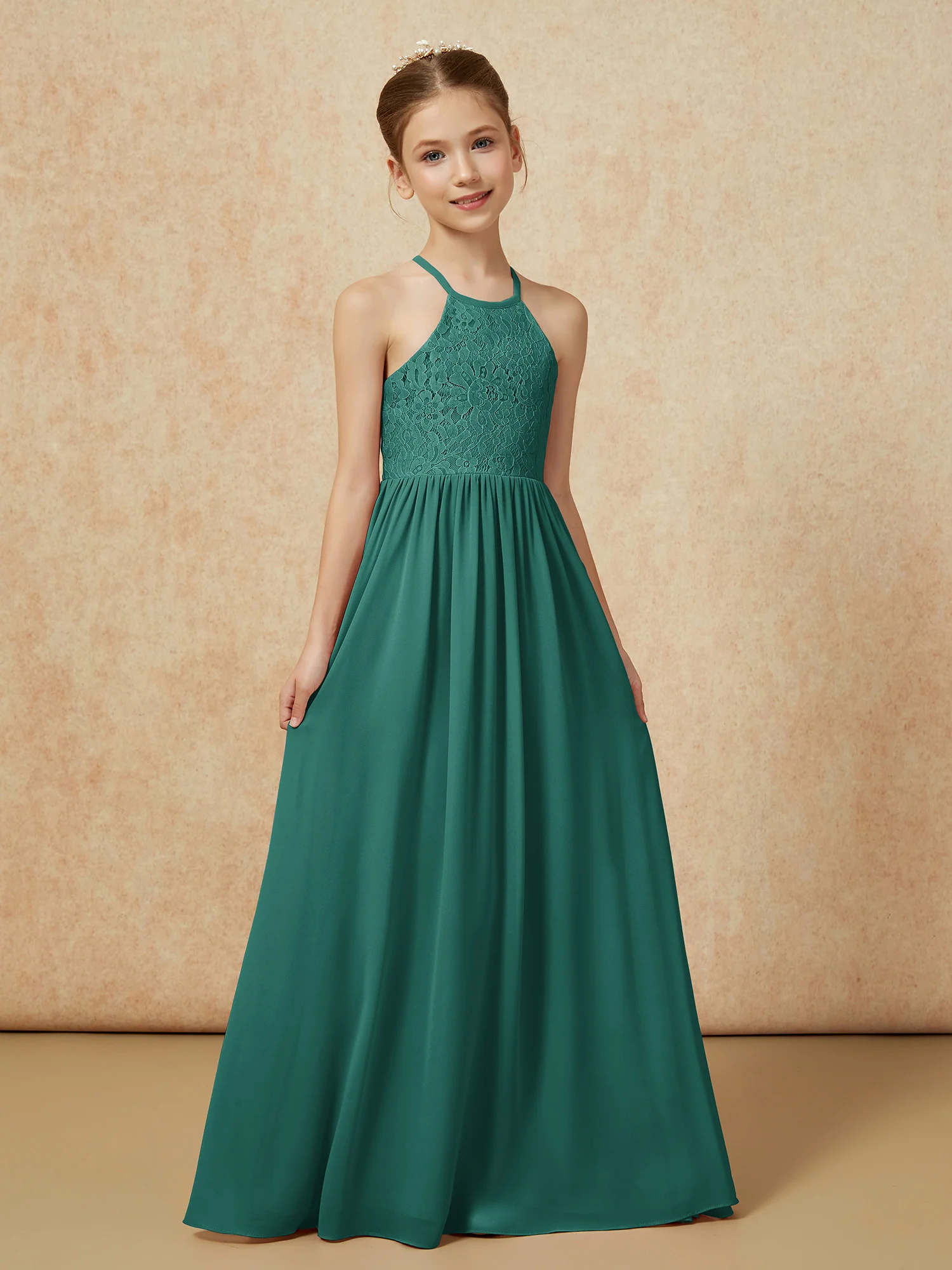 Pleated Lace Chiffion Long Junior Bridesmaid Dress Peacock - Image 5