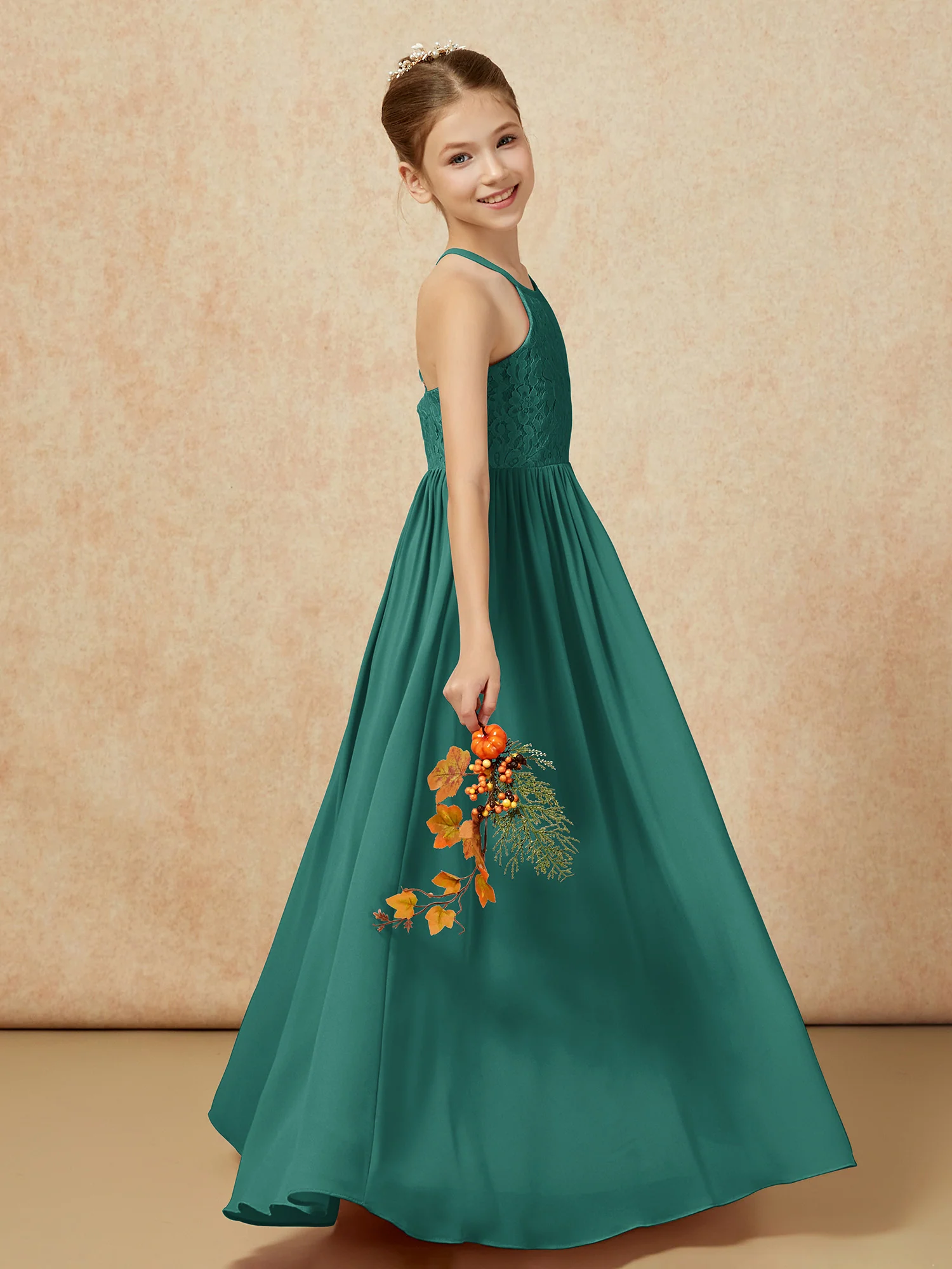 Pleated Lace Chiffion Long Junior Bridesmaid Dress Peacock - Image 6