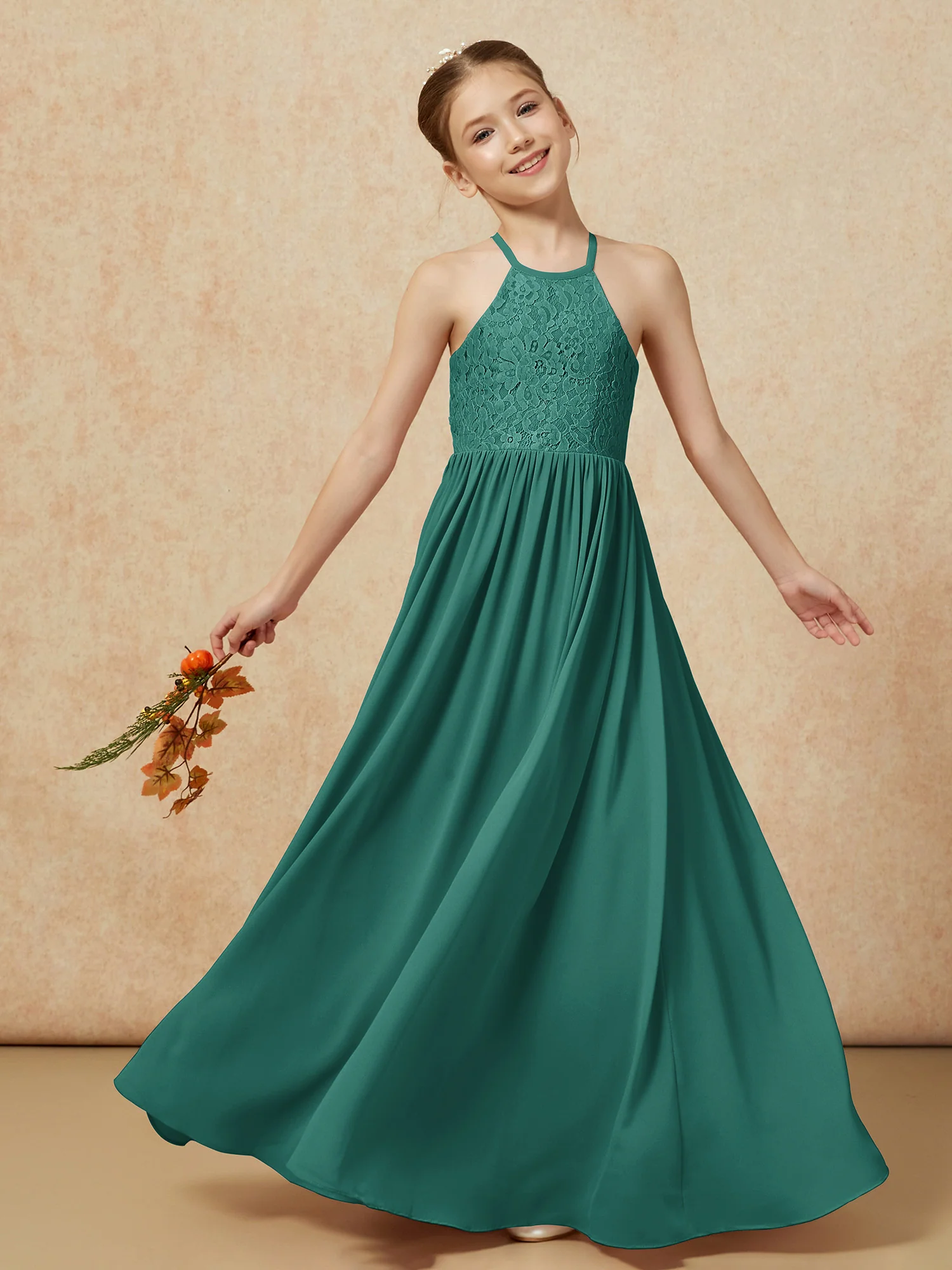 Pleated Lace Chiffion Long Junior Bridesmaid Dress Peacock - Image 7
