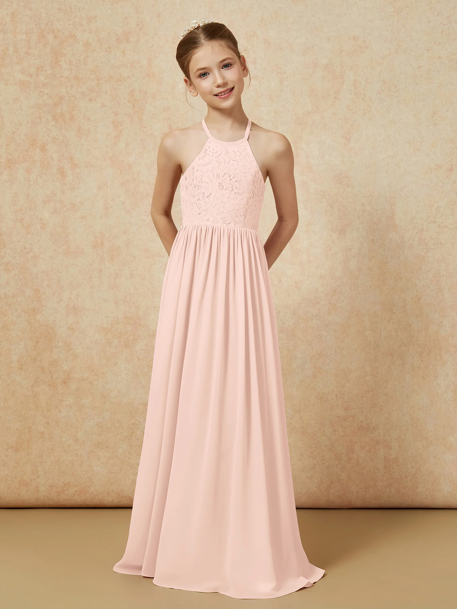 Pleated Lace Chiffion Long Junior Bridesmaid Dress Pearl Pink - Image 4