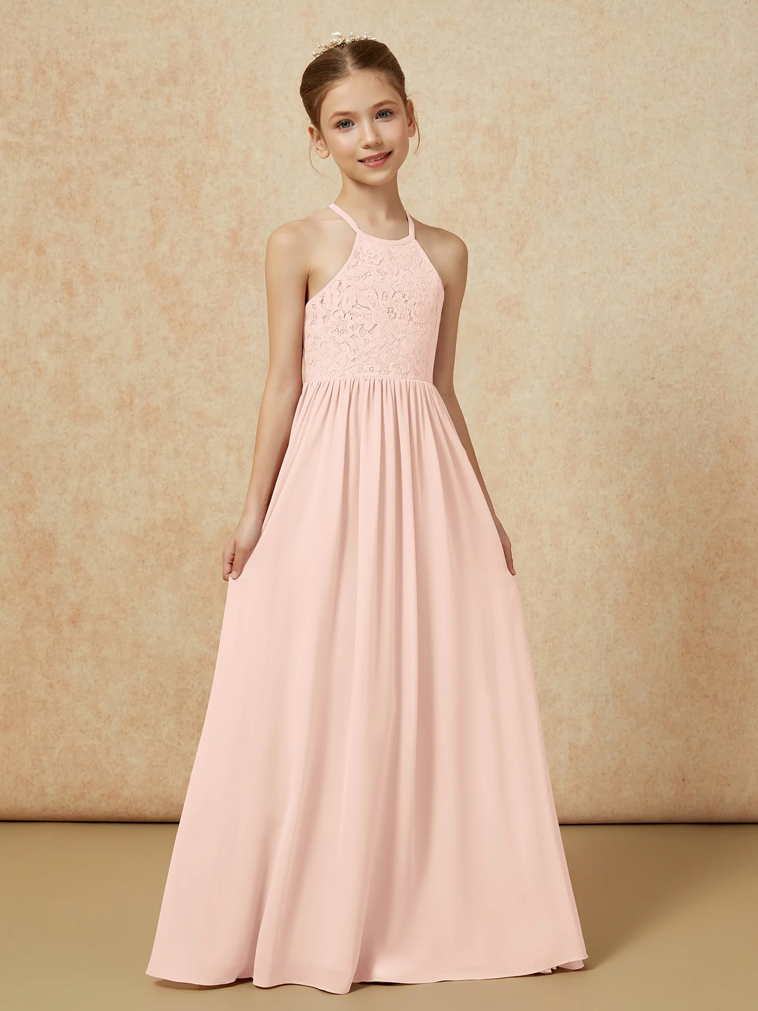 Pleated Lace Chiffion Long Junior Bridesmaid Dress Pearl Pink - Image 5