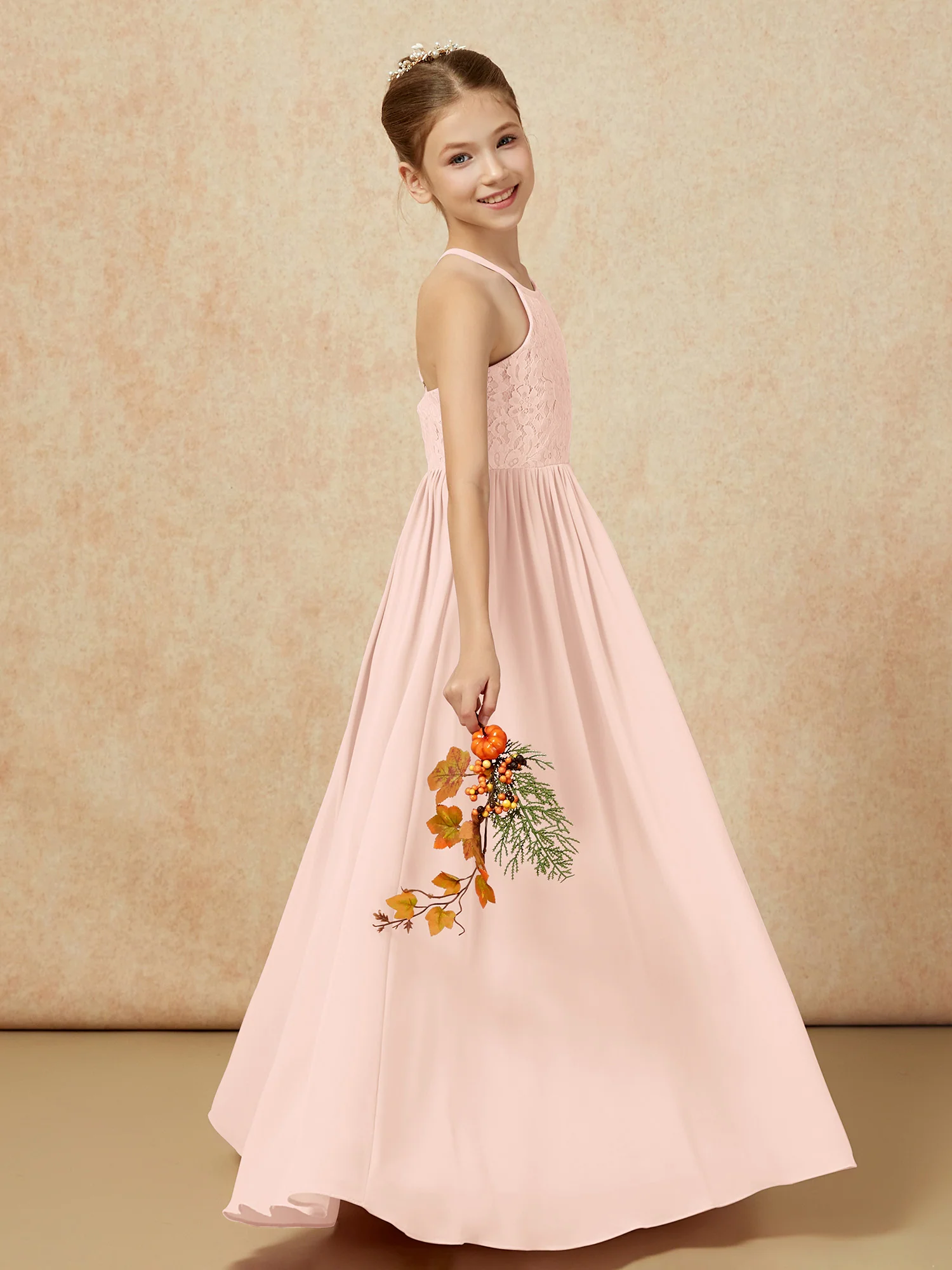 Pleated Lace Chiffion Long Junior Bridesmaid Dress Pearl Pink - Image 6