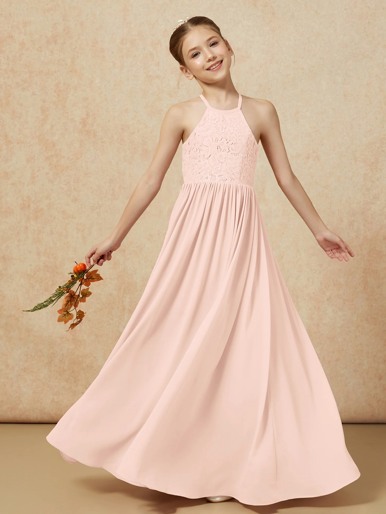 Pleated Lace Chiffion Long Junior Bridesmaid Dress Pearl Pink - Image 7