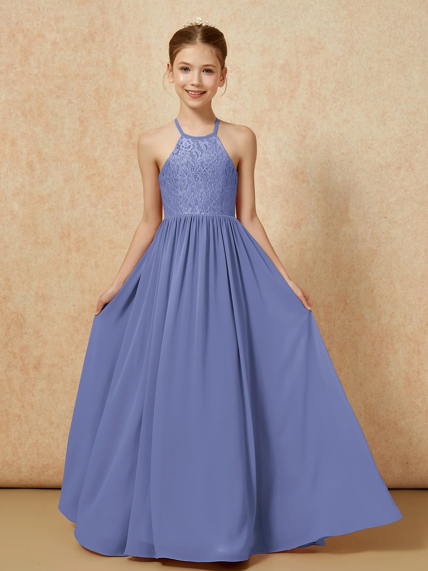 Pleated Lace Chiffion Long Junior Bridesmaid Dress Periwinkle