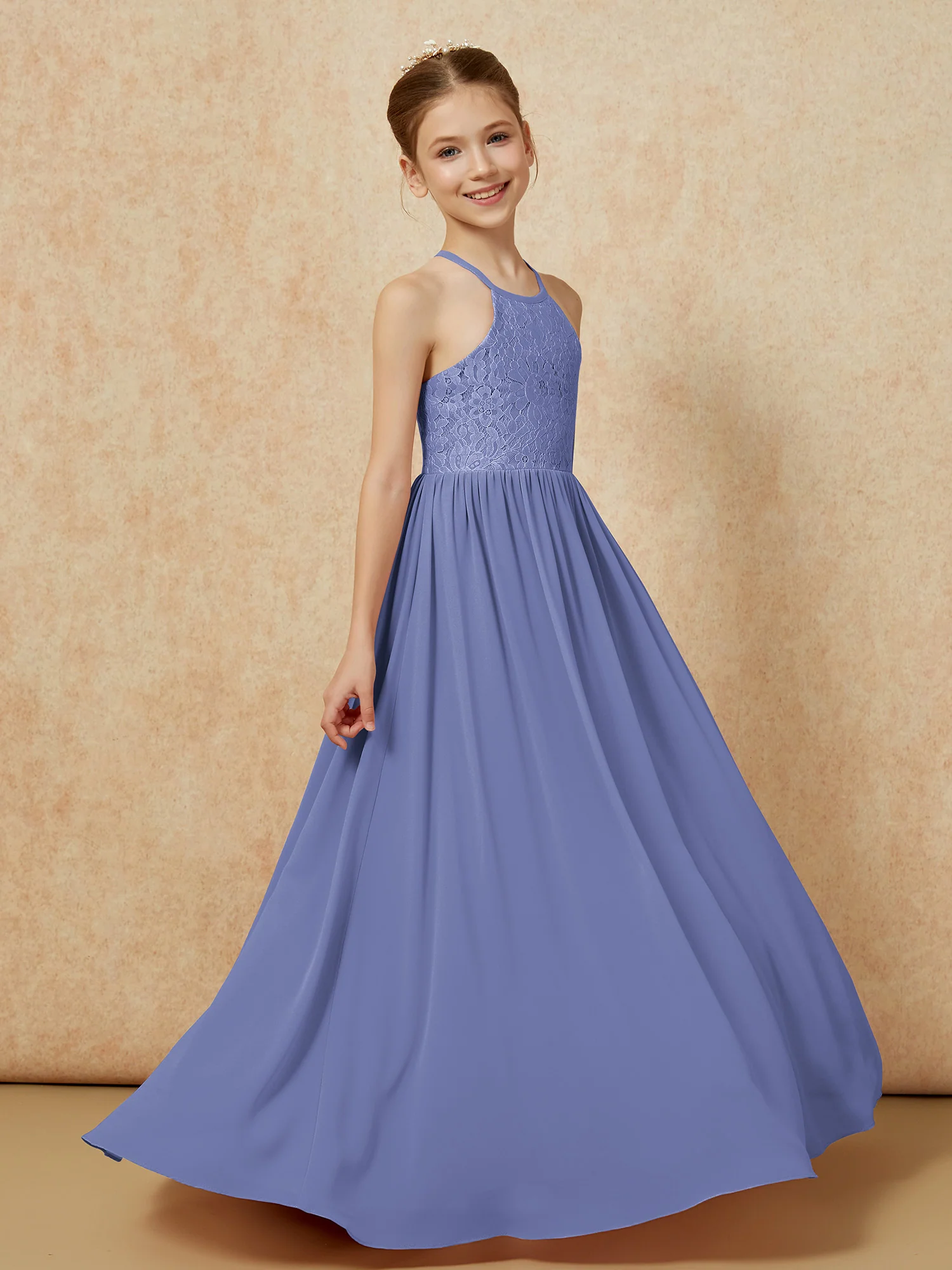 Pleated Lace Chiffion Long Junior Bridesmaid Dress Periwinkle - Image 3