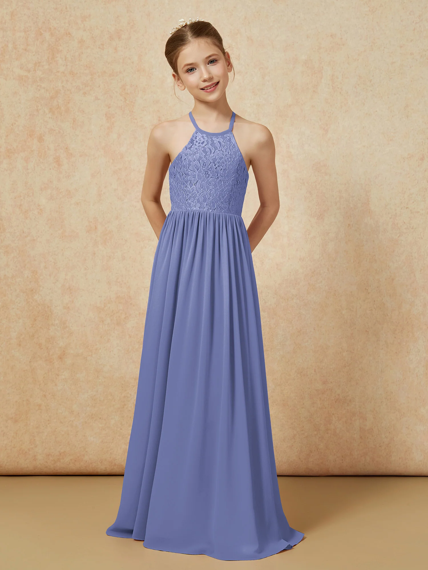 Pleated Lace Chiffion Long Junior Bridesmaid Dress Periwinkle - Image 4