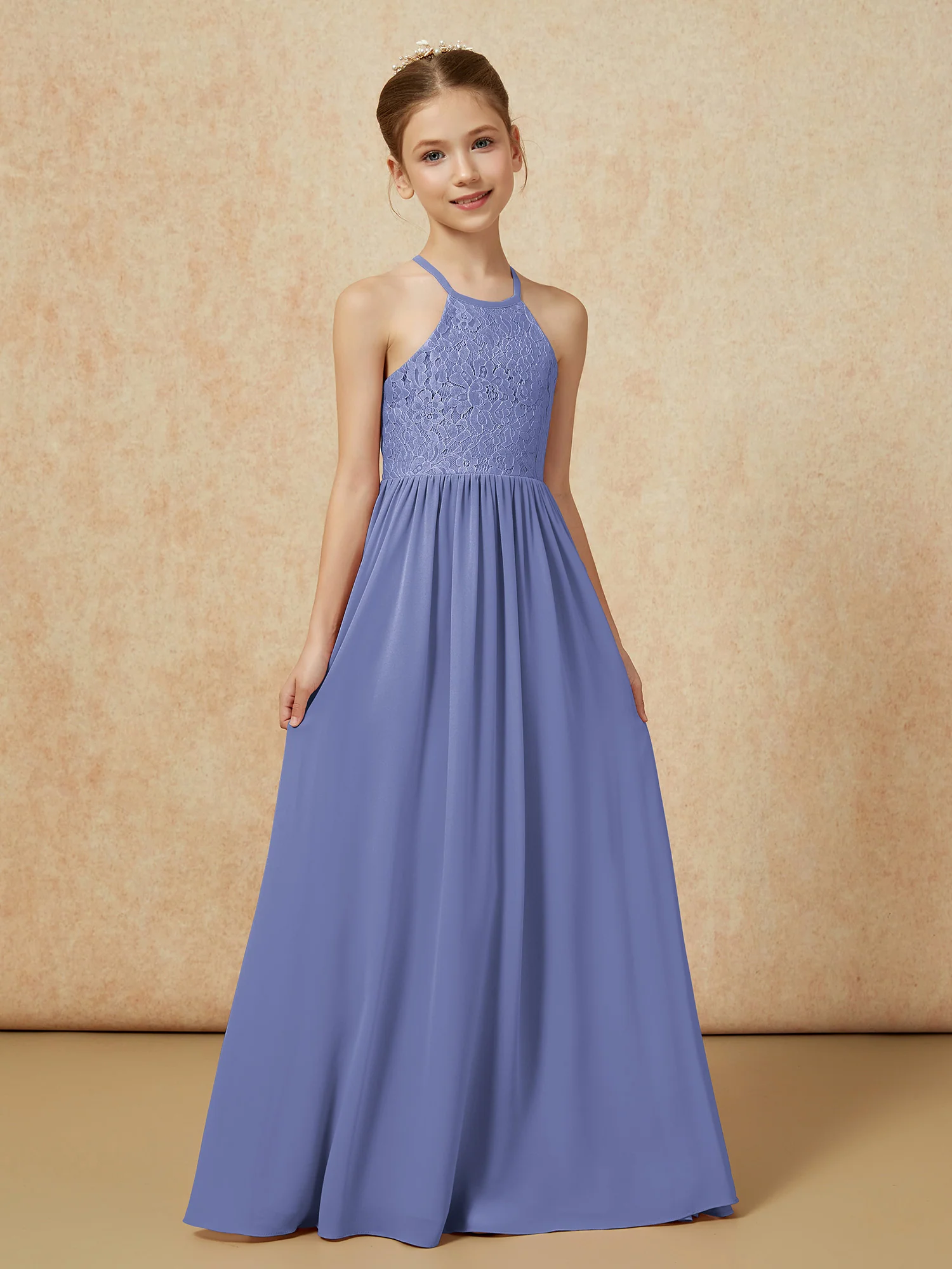 Pleated Lace Chiffion Long Junior Bridesmaid Dress Periwinkle - Image 5