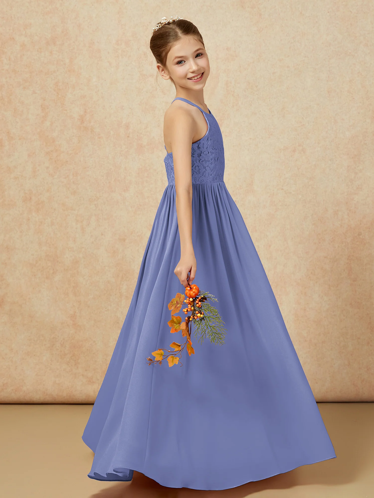 Pleated Lace Chiffion Long Junior Bridesmaid Dress Periwinkle - Image 6
