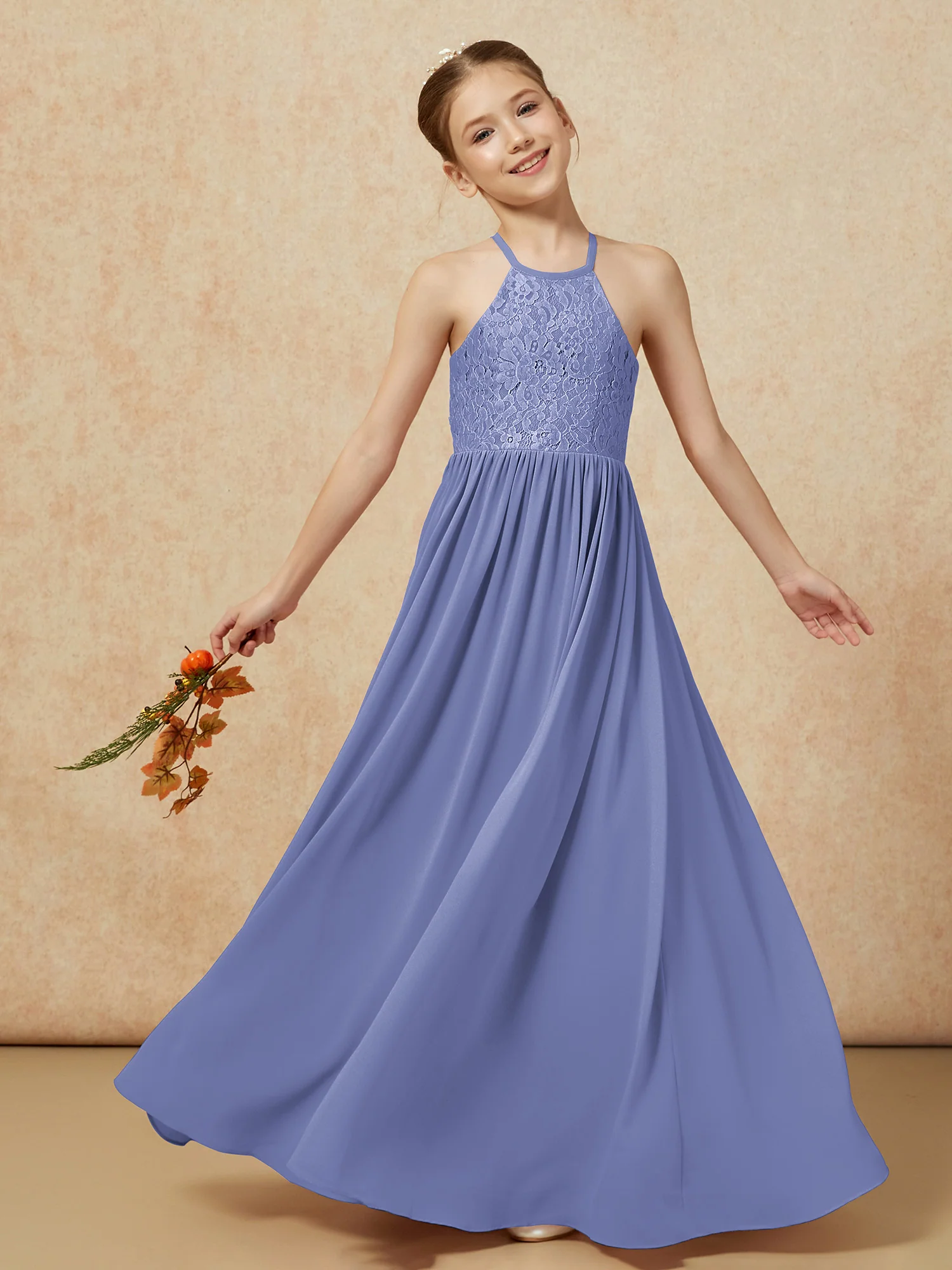 Pleated Lace Chiffion Long Junior Bridesmaid Dress Periwinkle - Image 7