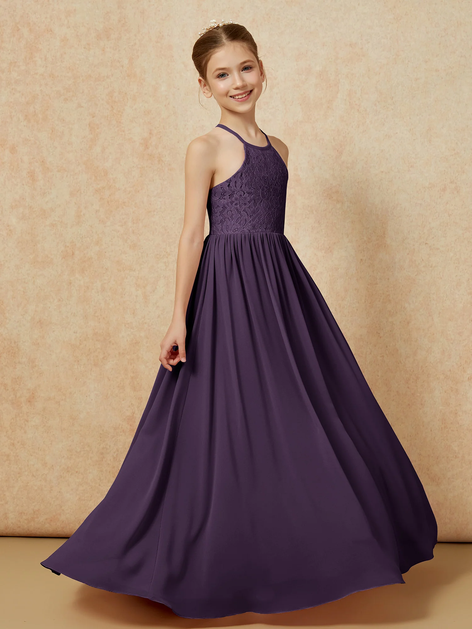 Pleated Lace Chiffion Long Junior Bridesmaid Dress Plum - Image 3
