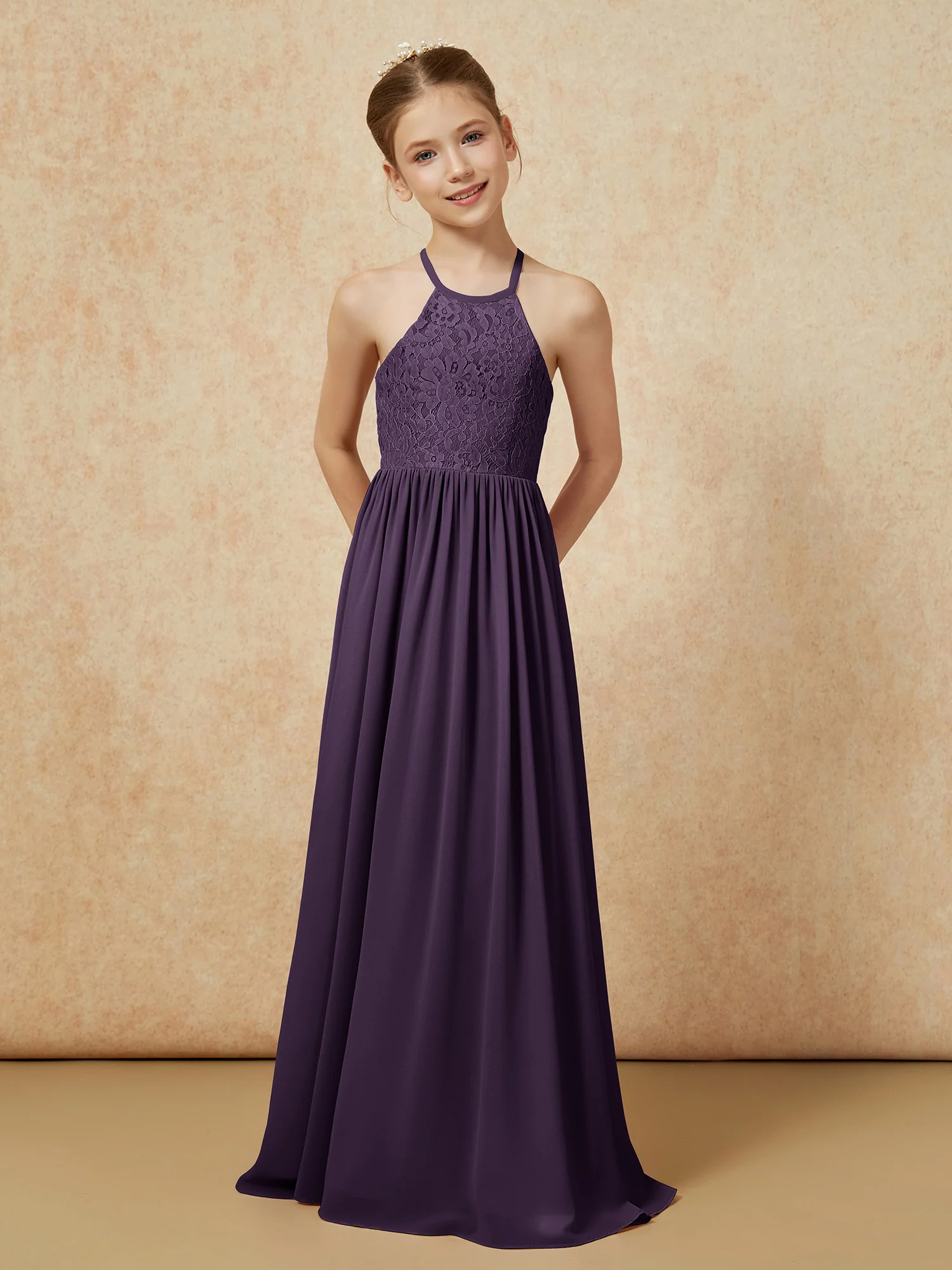 Pleated Lace Chiffion Long Junior Bridesmaid Dress Plum - Image 4