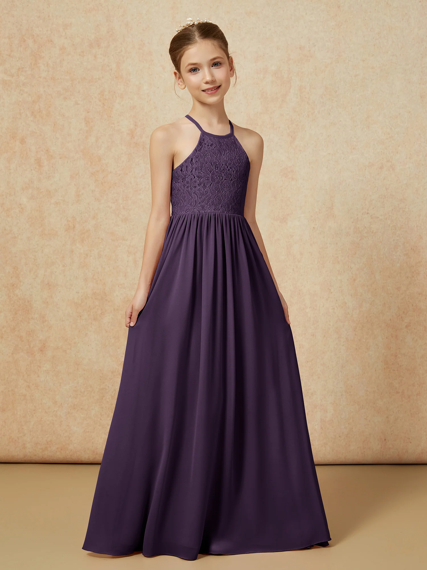 Pleated Lace Chiffion Long Junior Bridesmaid Dress Plum - Image 5