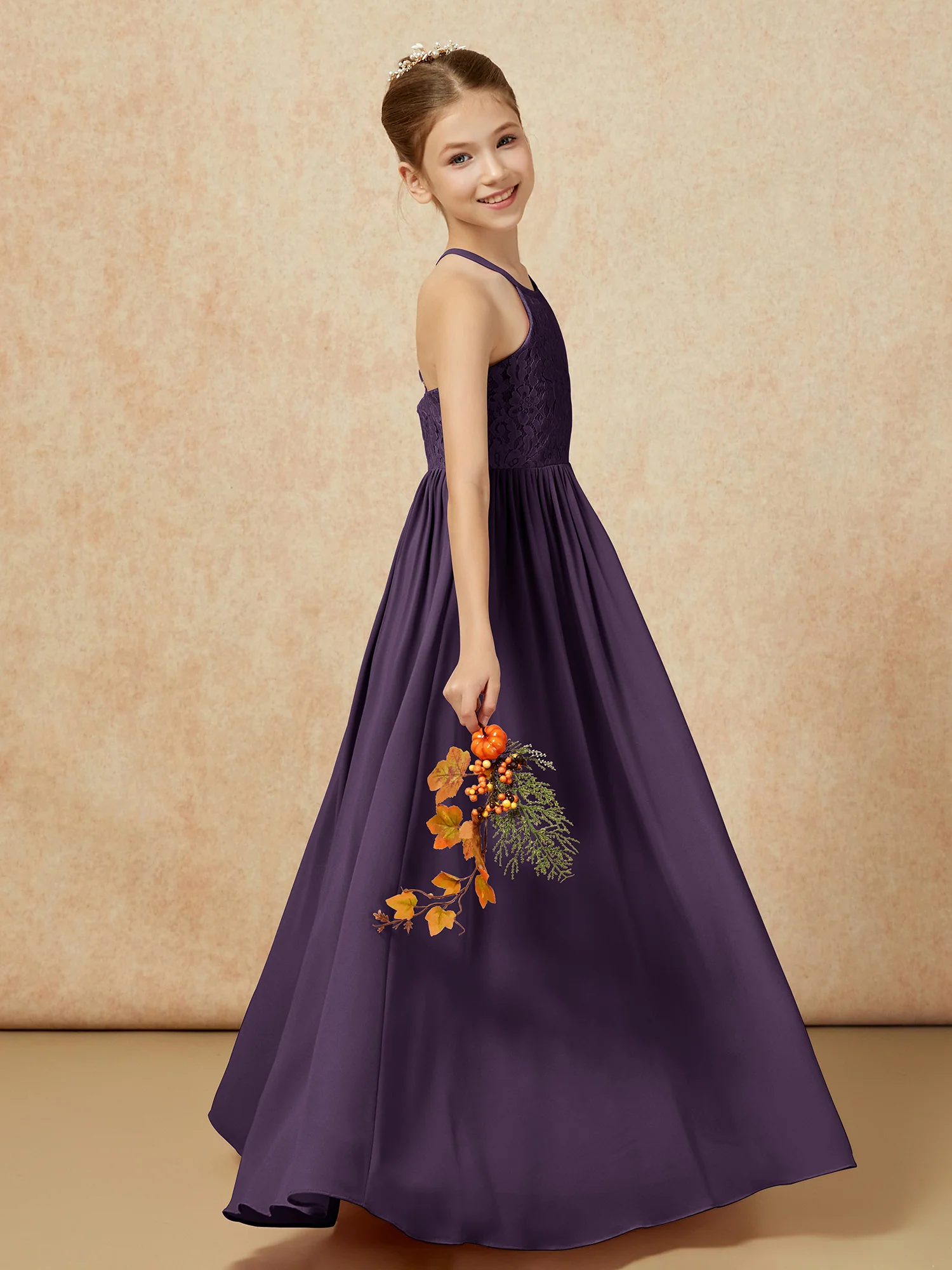 Pleated Lace Chiffion Long Junior Bridesmaid Dress Plum - Image 6