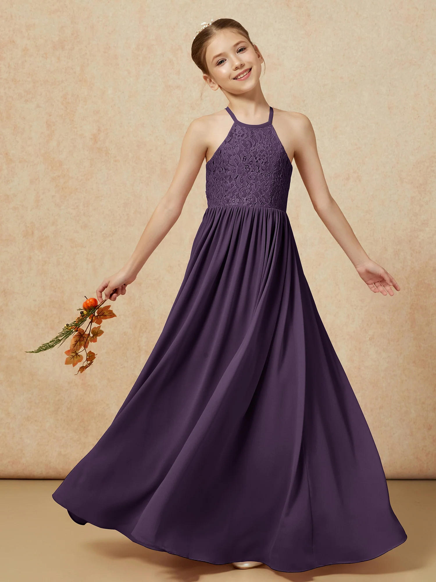 Pleated Lace Chiffion Long Junior Bridesmaid Dress Plum - Image 7