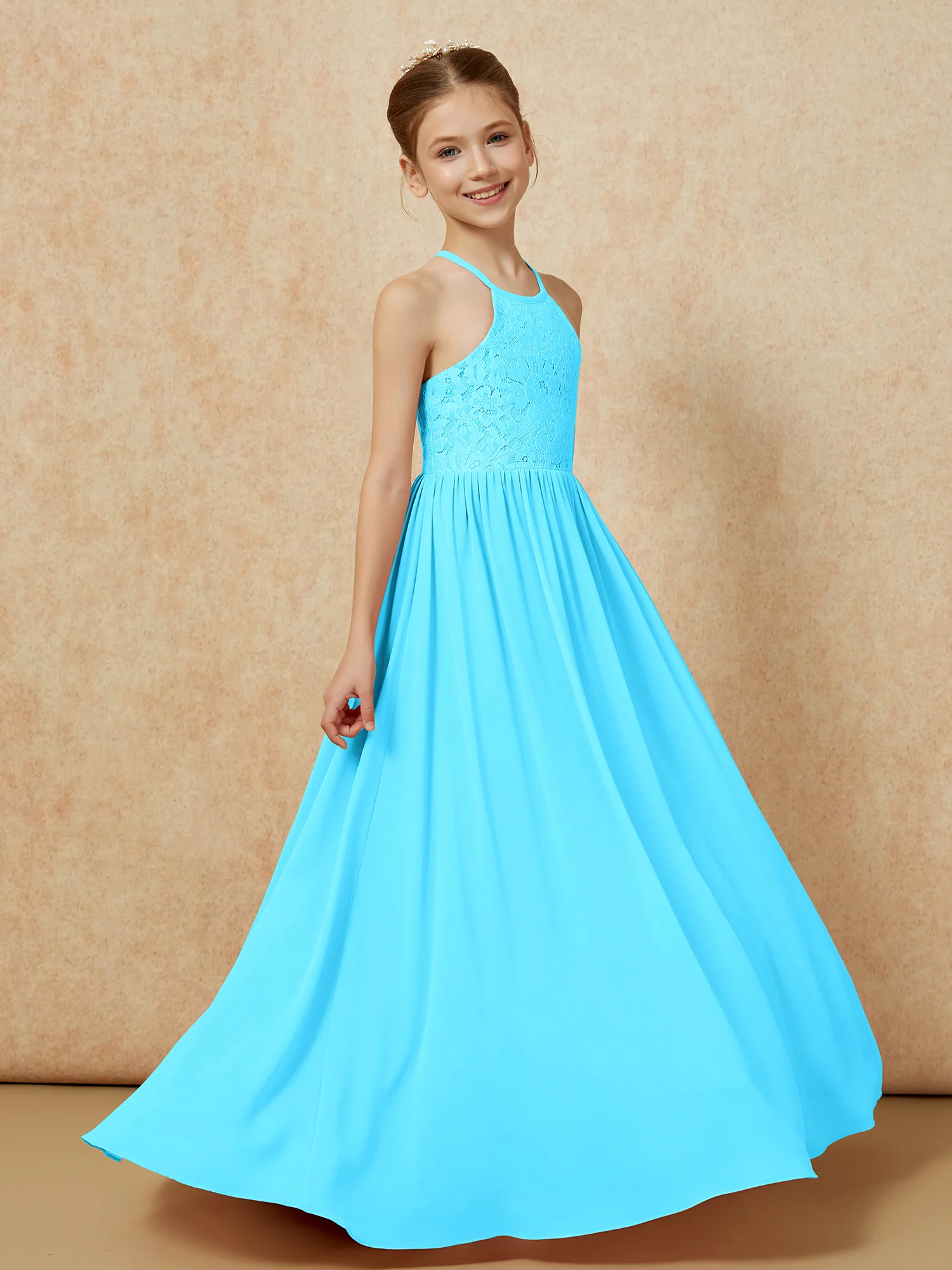 Pleated Lace Chiffion Long Junior Bridesmaid Dress Pool - Image 3