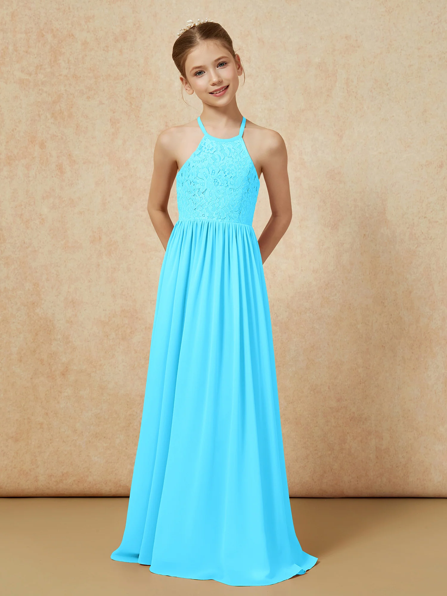 Pleated Lace Chiffion Long Junior Bridesmaid Dress Pool - Image 4