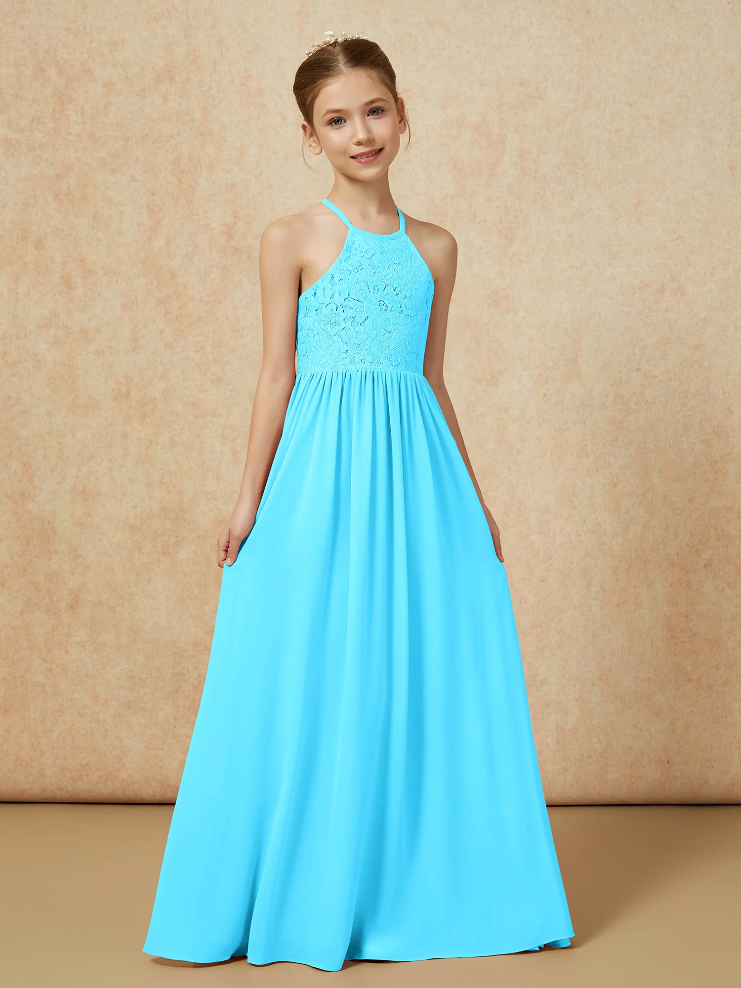 Pleated Lace Chiffion Long Junior Bridesmaid Dress Pool - Image 5