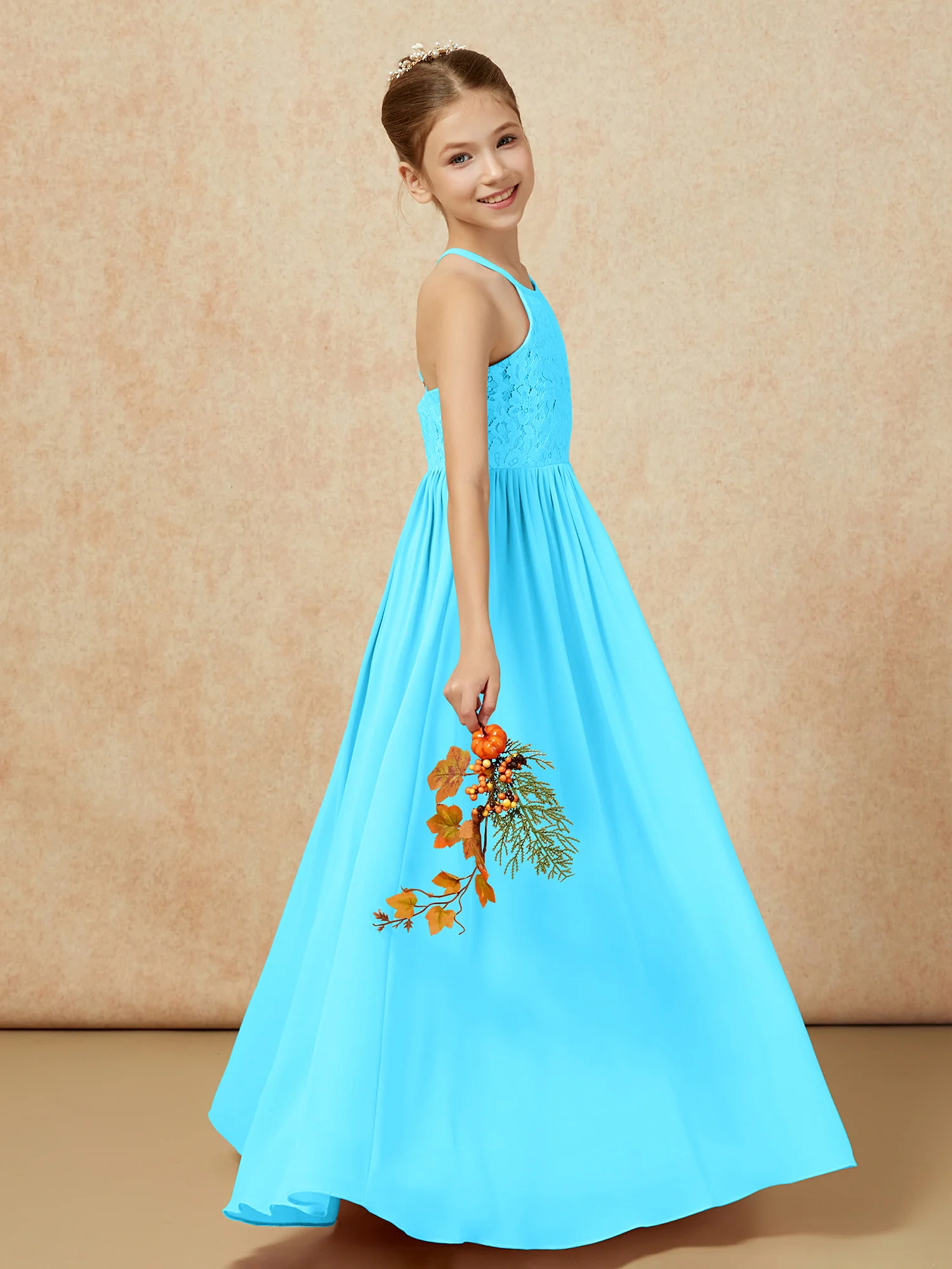 Pleated Lace Chiffion Long Junior Bridesmaid Dress Pool - Image 6