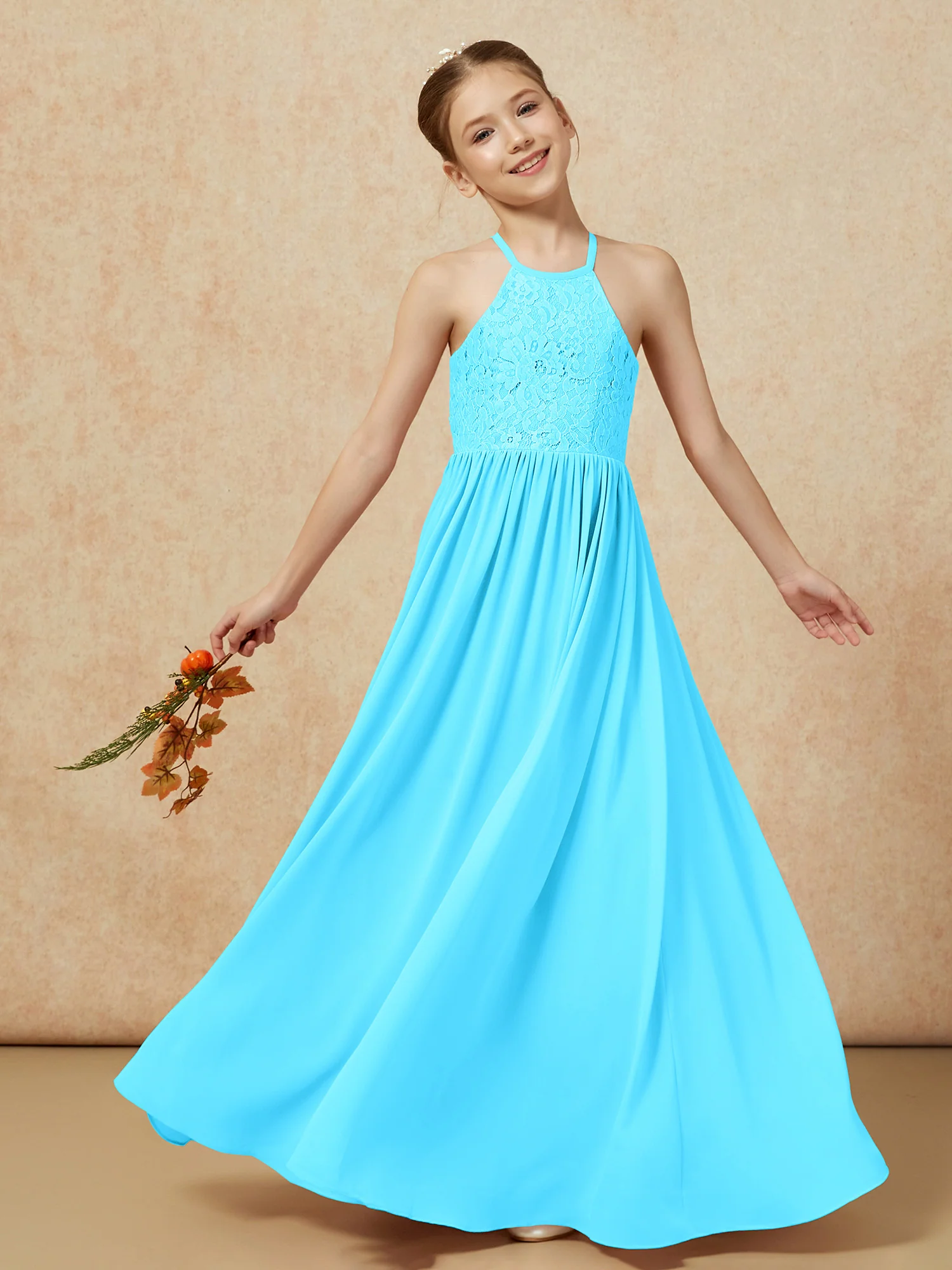 Pleated Lace Chiffion Long Junior Bridesmaid Dress Pool - Image 7