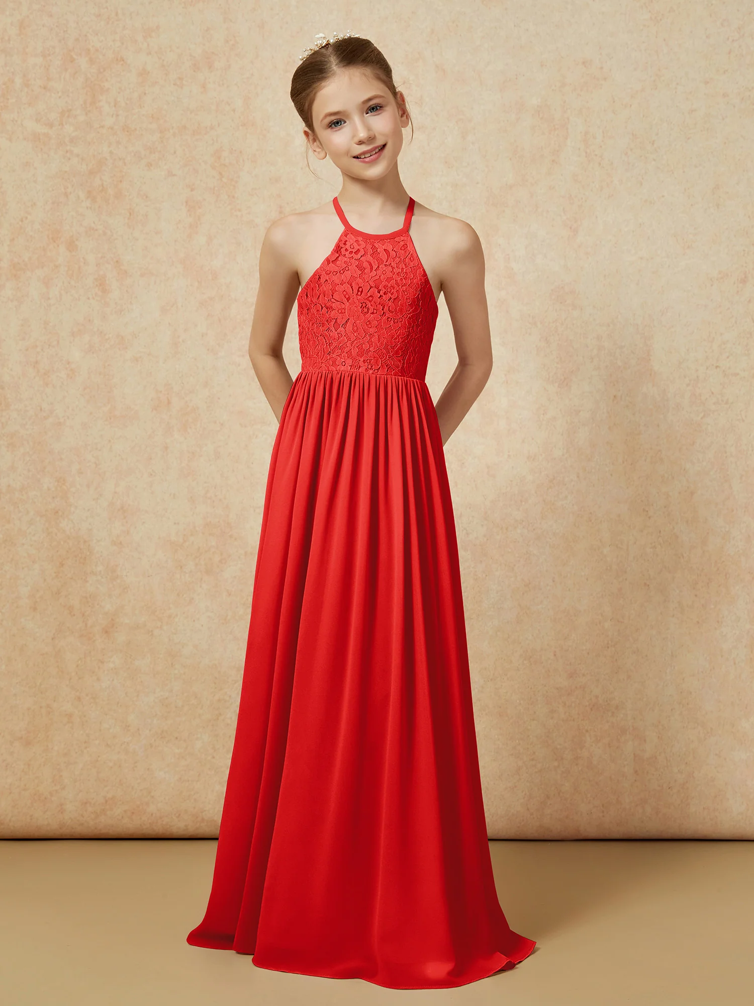 Pleated Lace Chiffion Long Junior Bridesmaid Dress Red - Image 4