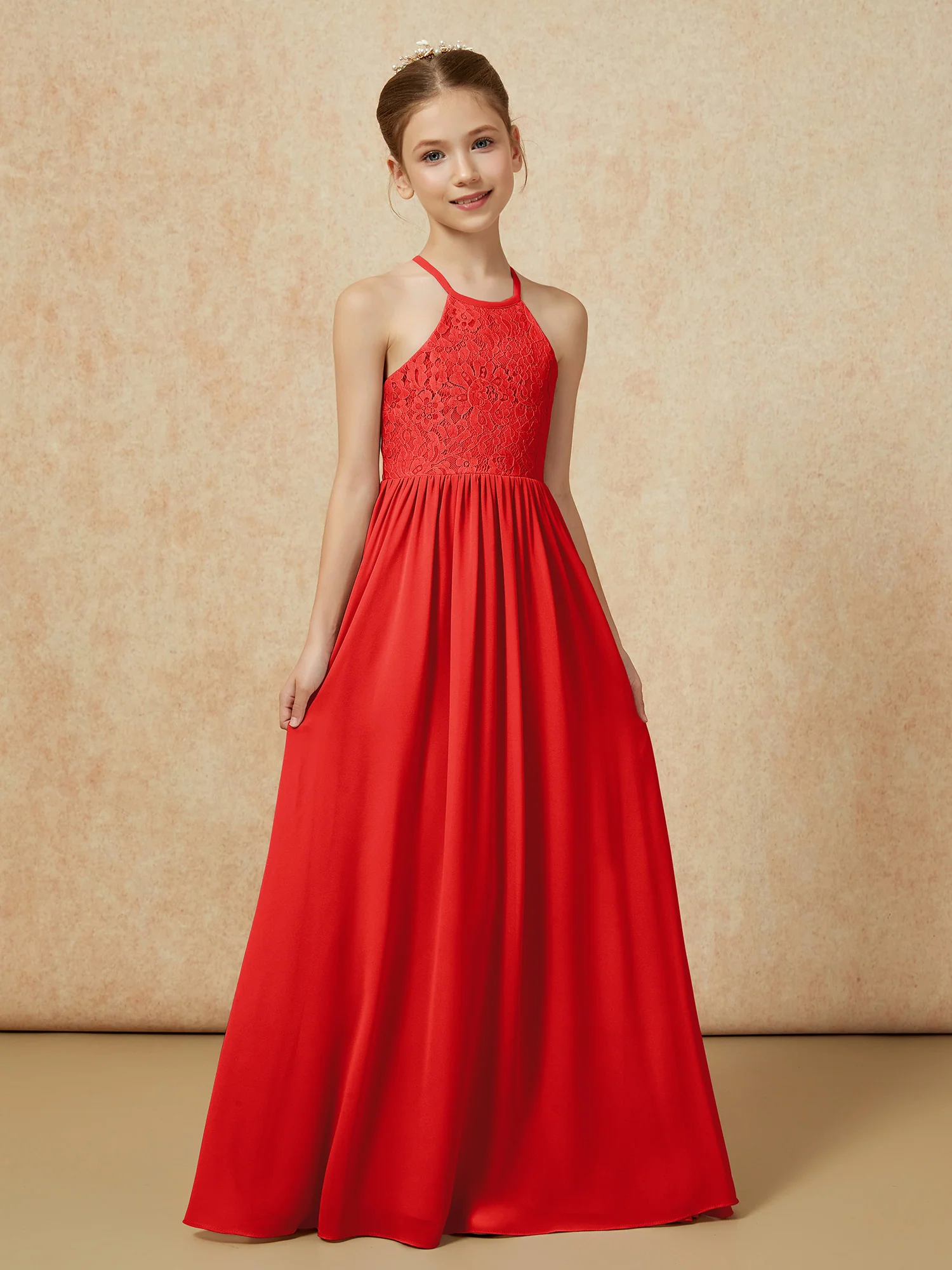 Pleated Lace Chiffion Long Junior Bridesmaid Dress Red - Image 5