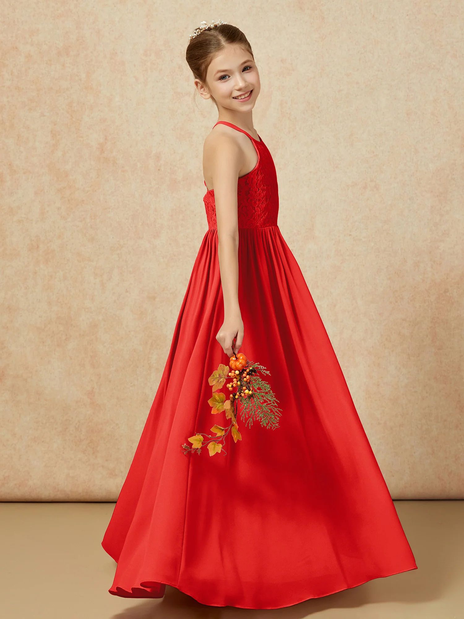 Pleated Lace Chiffion Long Junior Bridesmaid Dress Red - Image 6