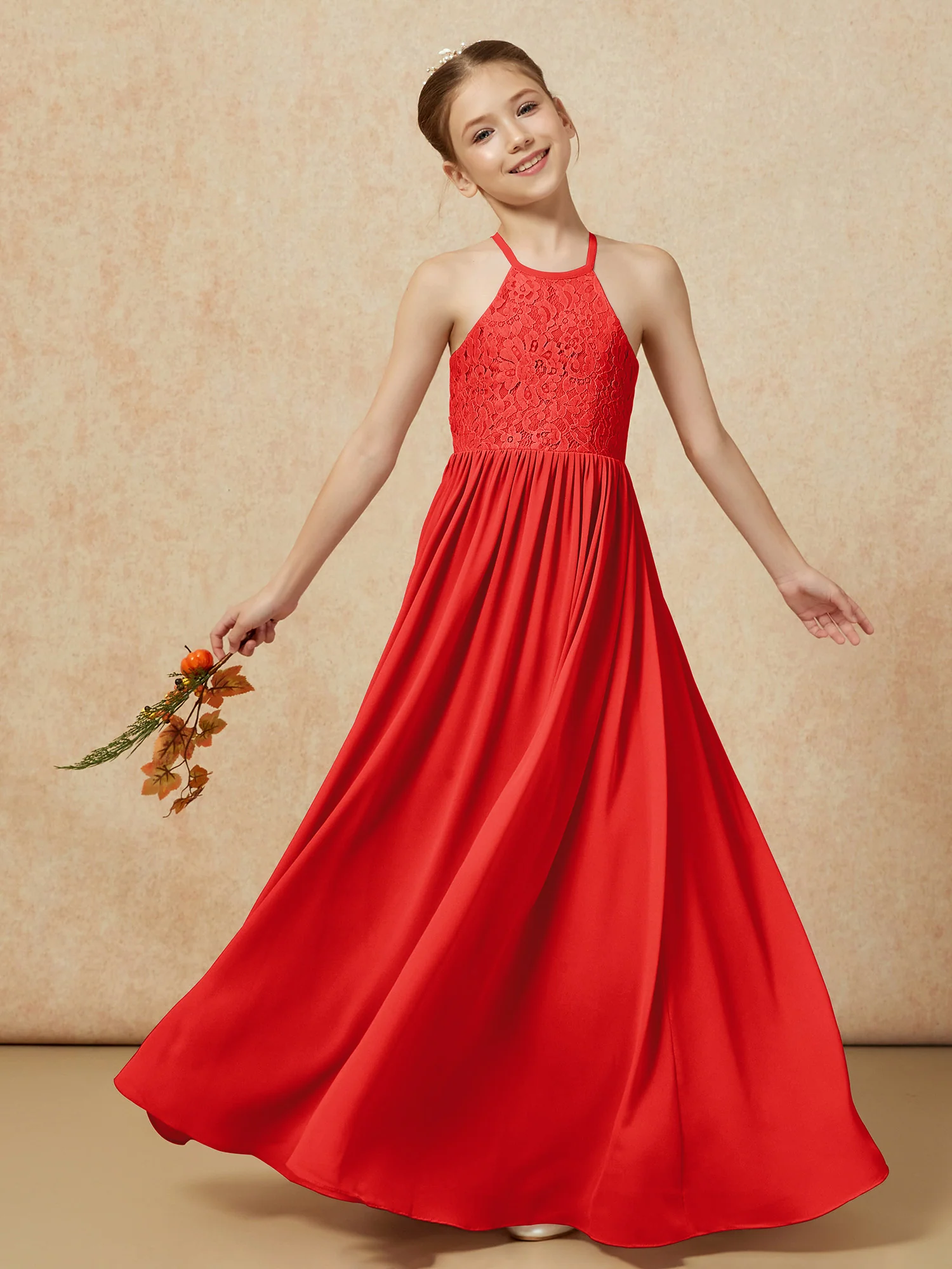Pleated Lace Chiffion Long Junior Bridesmaid Dress Red - Image 7