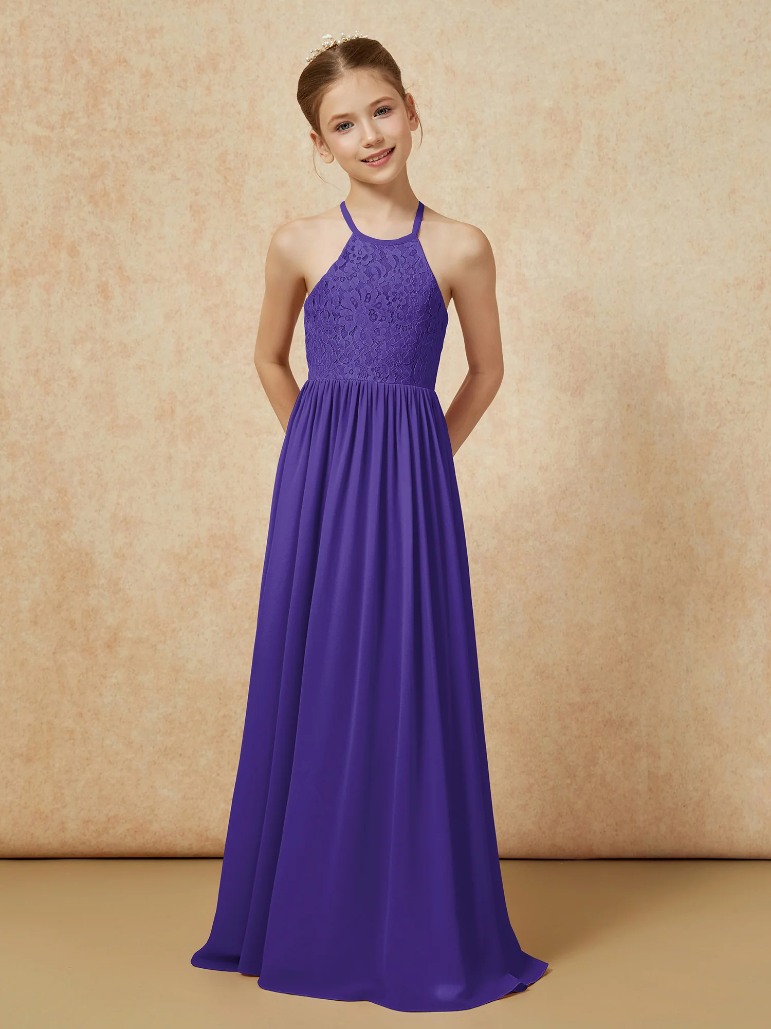 Pleated Lace Chiffion Long Junior Bridesmaid Dress Regency - Image 4
