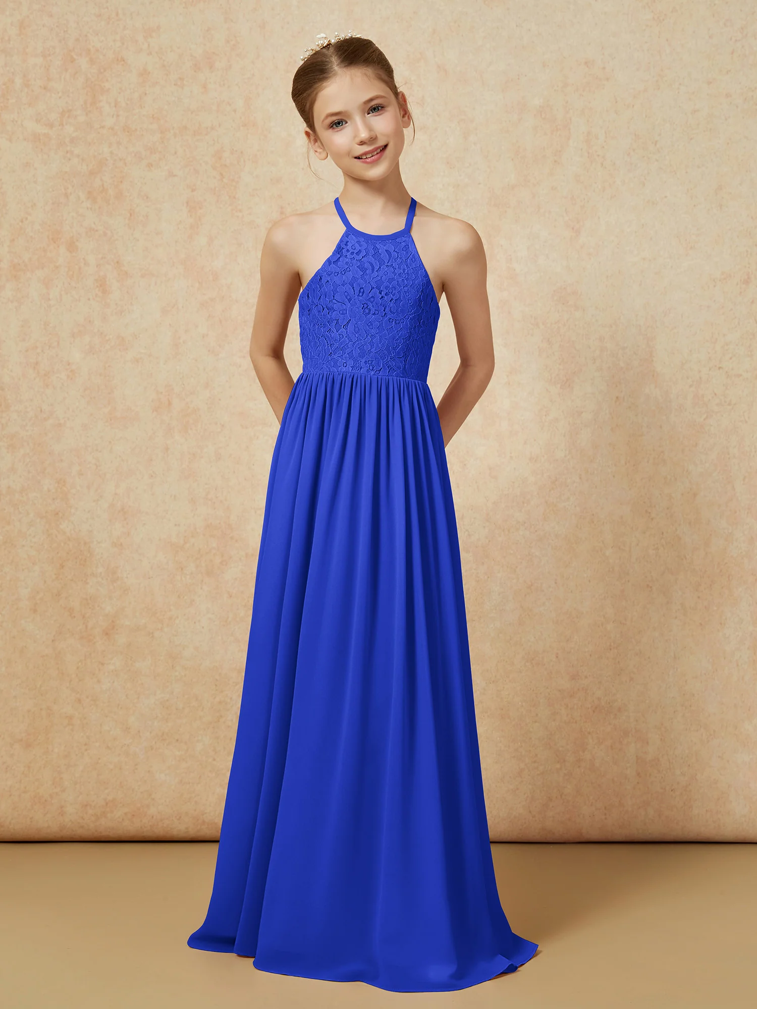 Pleated Lace Chiffion Long Junior Bridesmaid Dress Royal Blue - Image 4