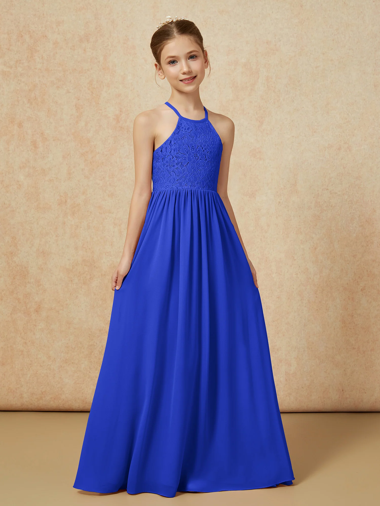 Pleated Lace Chiffion Long Junior Bridesmaid Dress Royal Blue - Image 5