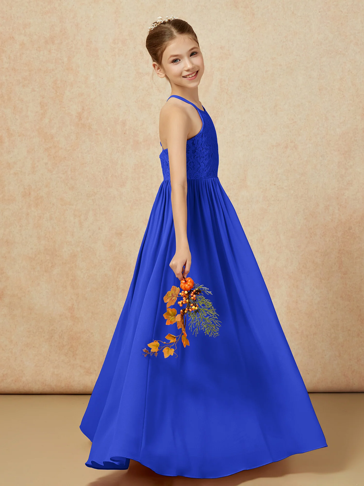 Pleated Lace Chiffion Long Junior Bridesmaid Dress Royal Blue - Image 6